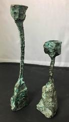 Pair of Patinated Bronze Brutalist Candleholders in the Style of Paul Evans