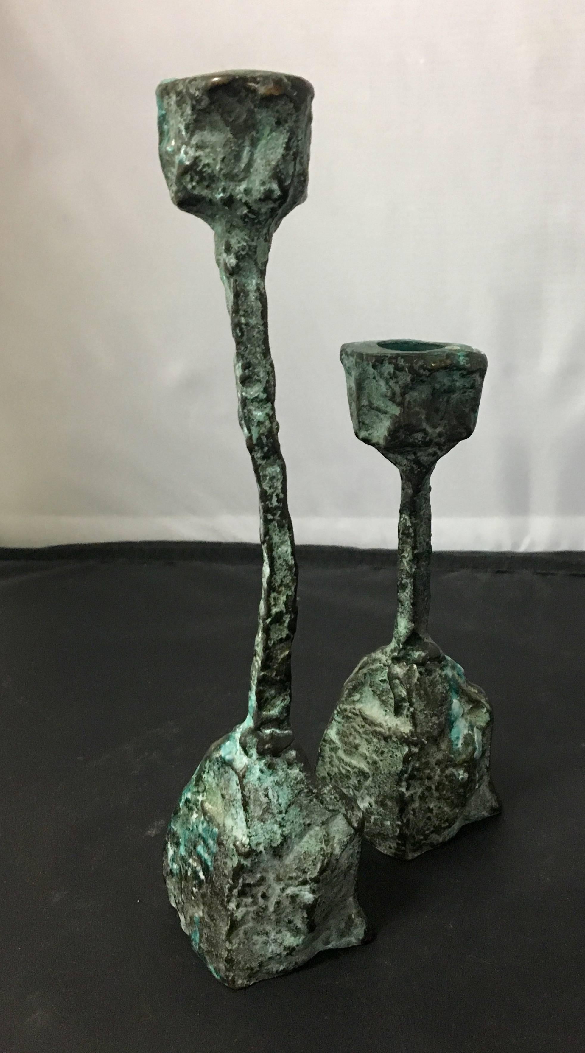 American Pair of Patinated Bronze Brutalist Candleholders in the Style of Paul Evans
