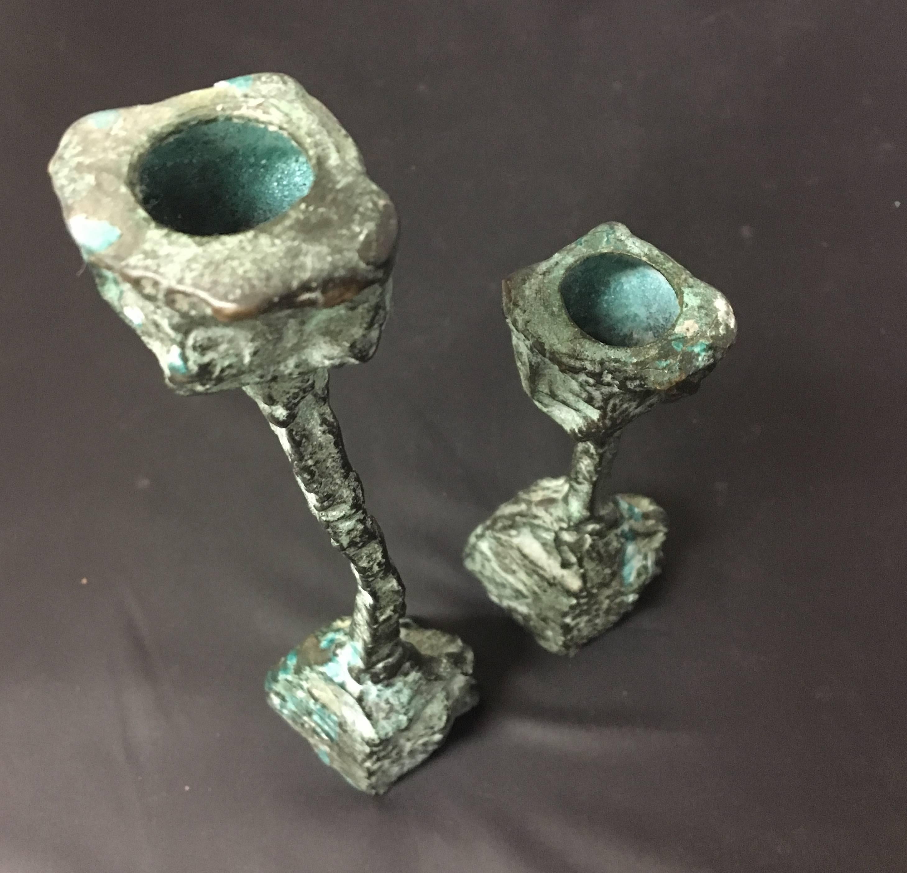 Pair of Patinated Bronze Brutalist Candleholders in the Style of Paul Evans In Excellent Condition In San Diego, CA