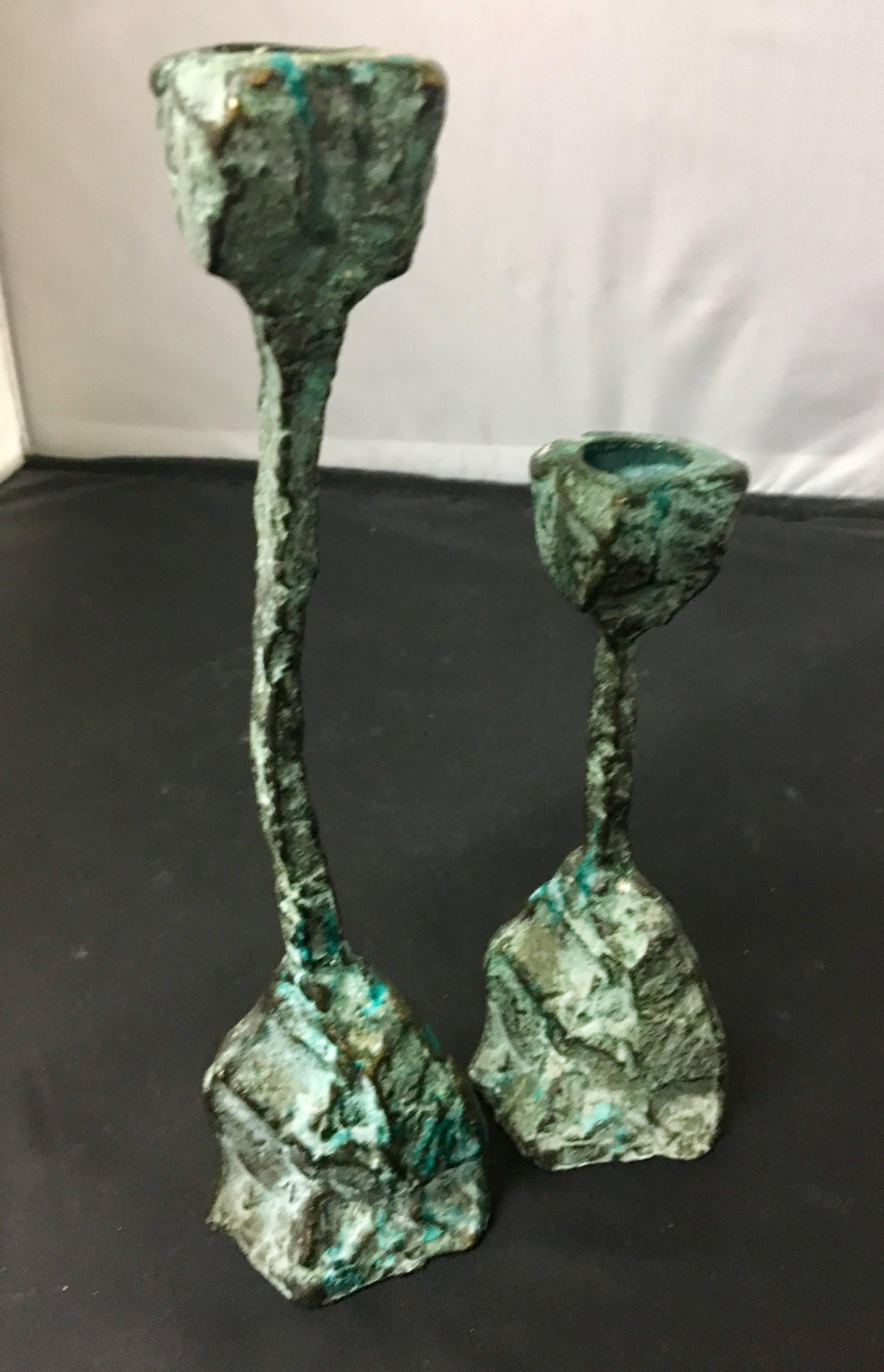 20th Century Pair of Patinated Bronze Brutalist Candleholders in the Style of Paul Evans