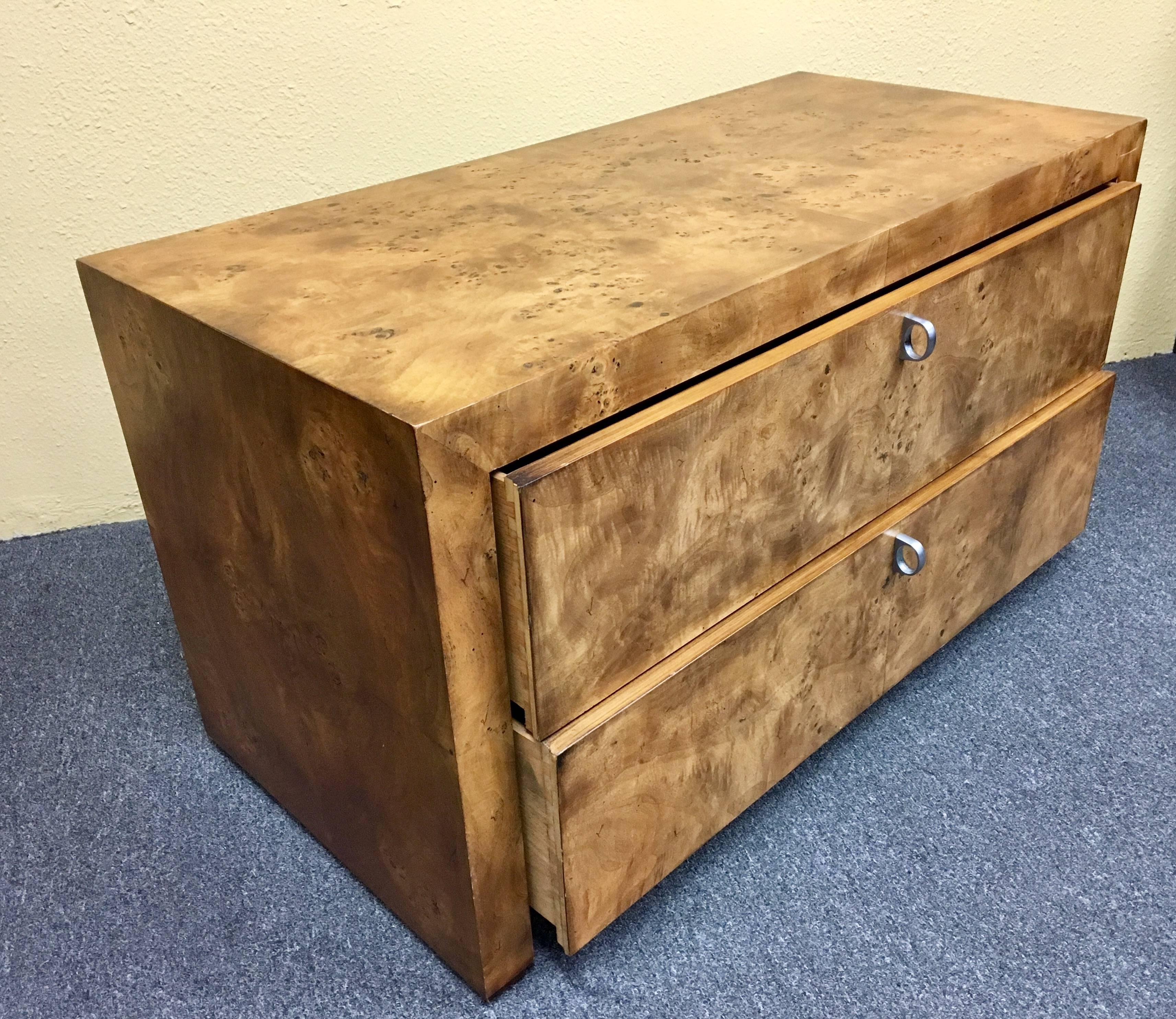 Elegant olive burlwood double drawer night stand / cabinet by Hekman. Nice clean lines in excellent condition.  Can be used as a night stand, in front of a bed, as a side table or in an office.  Wonderful piece!