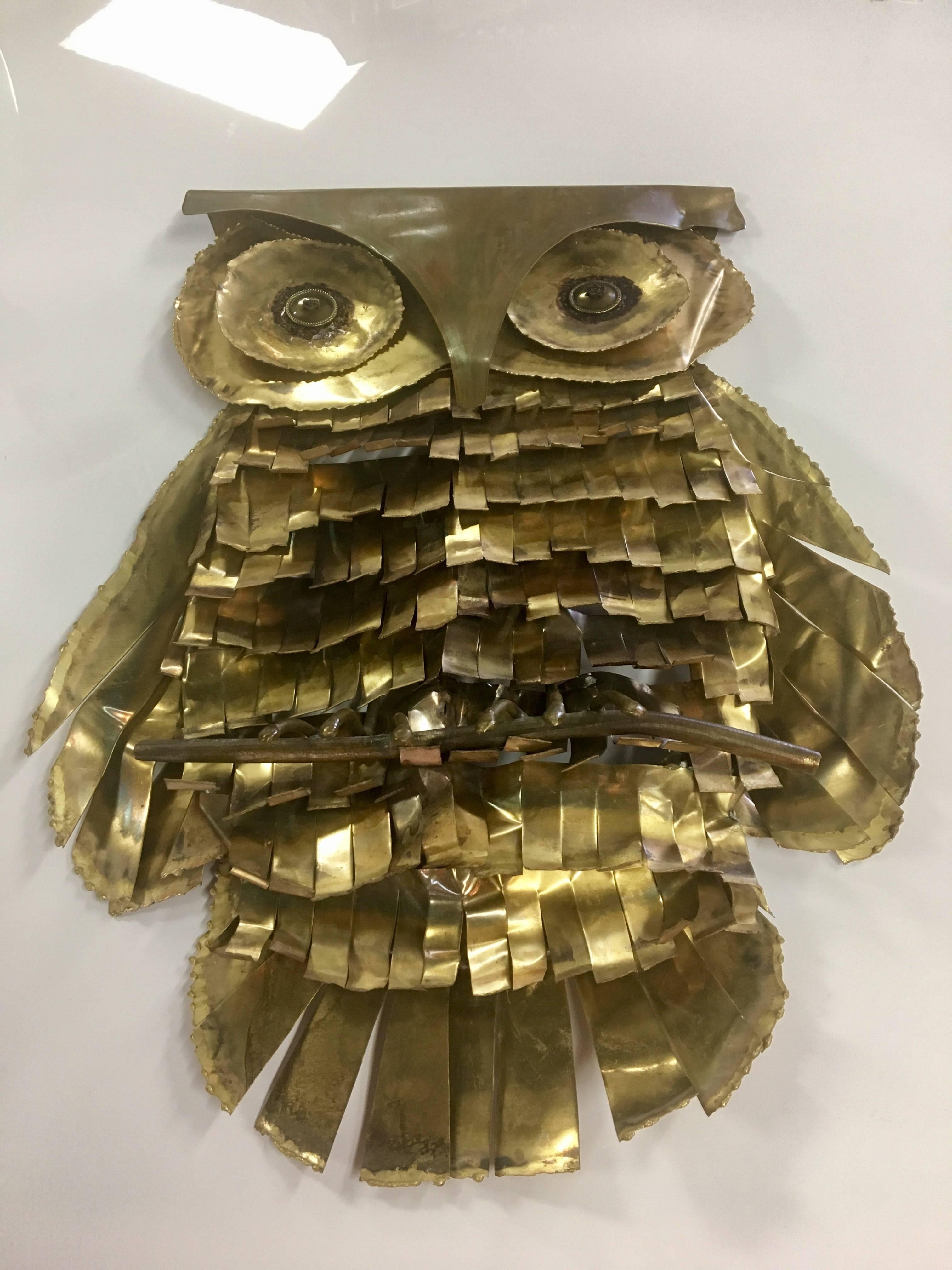 "Good luck" handmade brass owl sculpture in the style of C. Jere, circa 1970s. Very unique; nice conversation piece!
