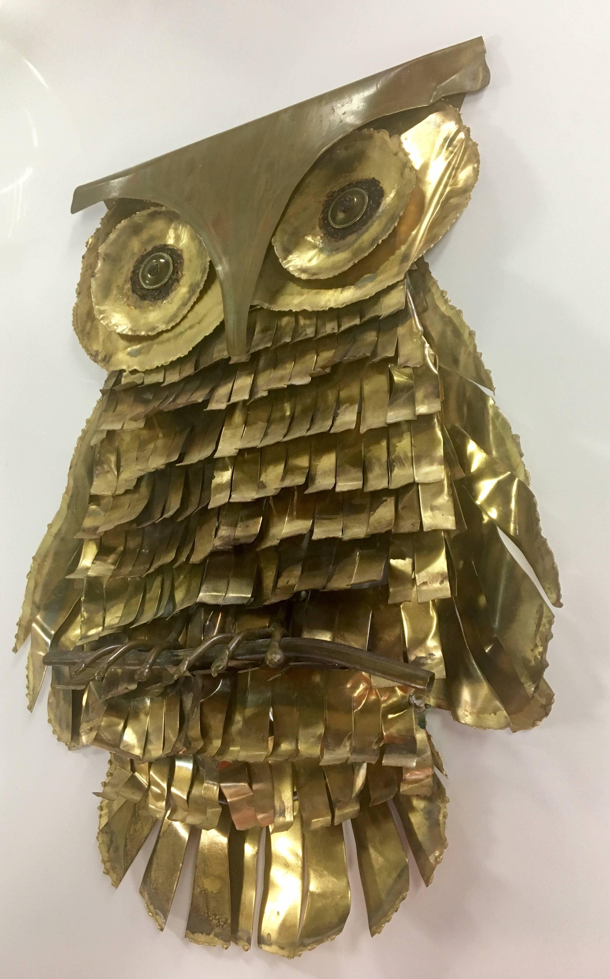 Hollywood Regency Whimsical Large Brass Owl Wall Sculpture Attributed to C. Jere