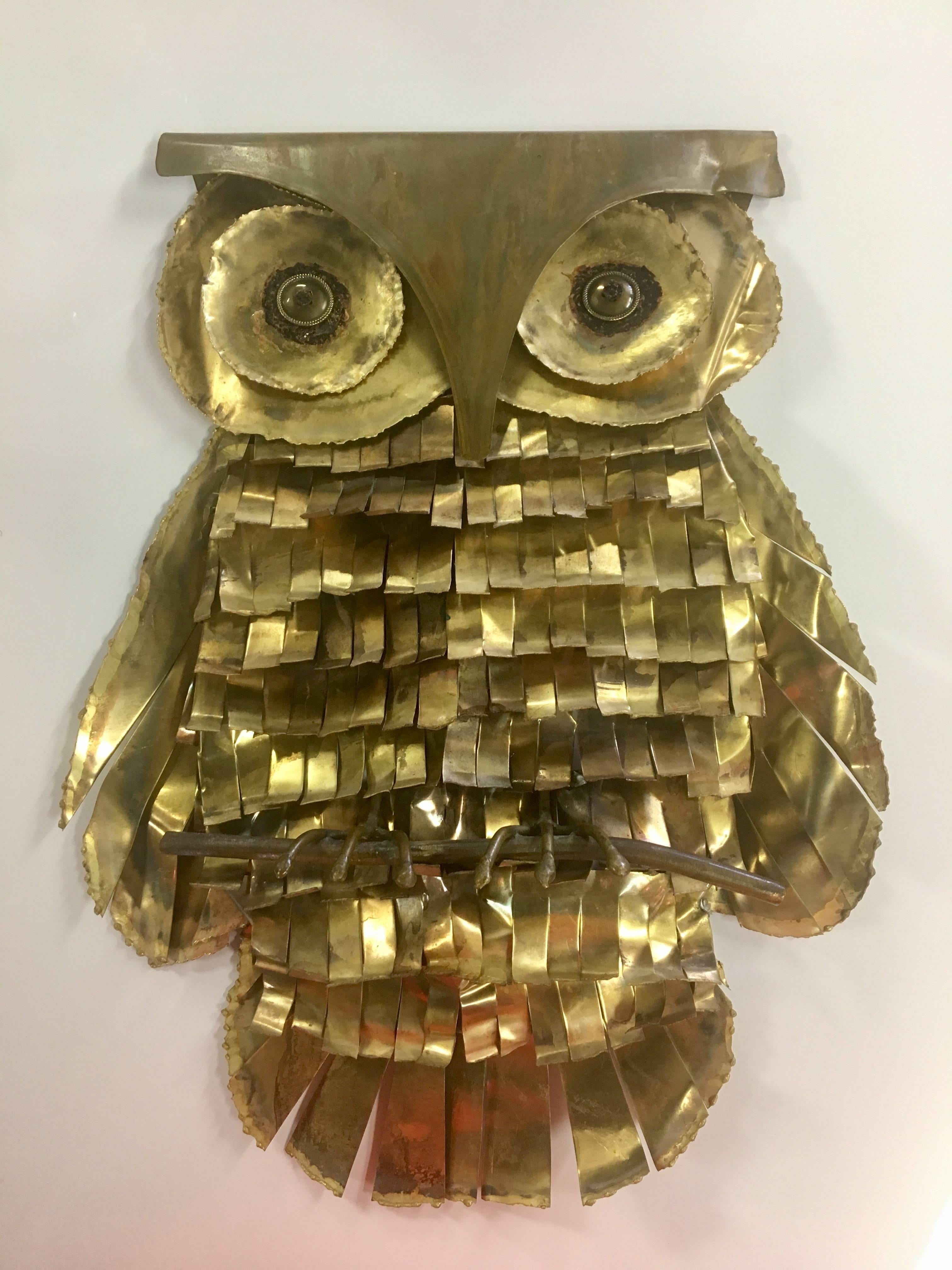 American Whimsical Large Brass Owl Wall Sculpture Attributed to C. Jere