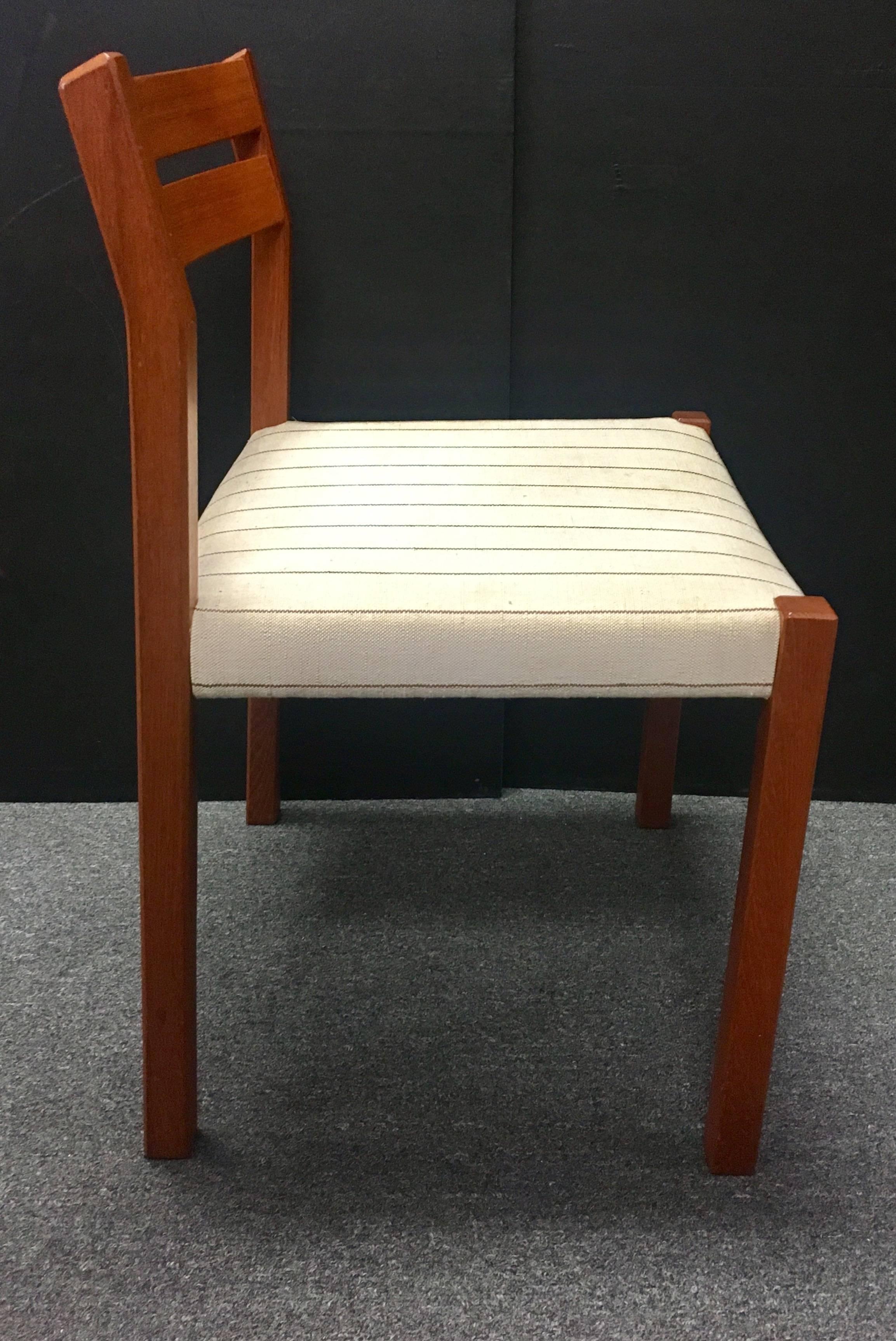 Great set of six Danish modern dining chairs attributed to Niels Moller. The chairs have solid teak frames with original striped Danish fabric (the fabric shows some wear and light stains and can be easily replaced if desired). The chairs are solid