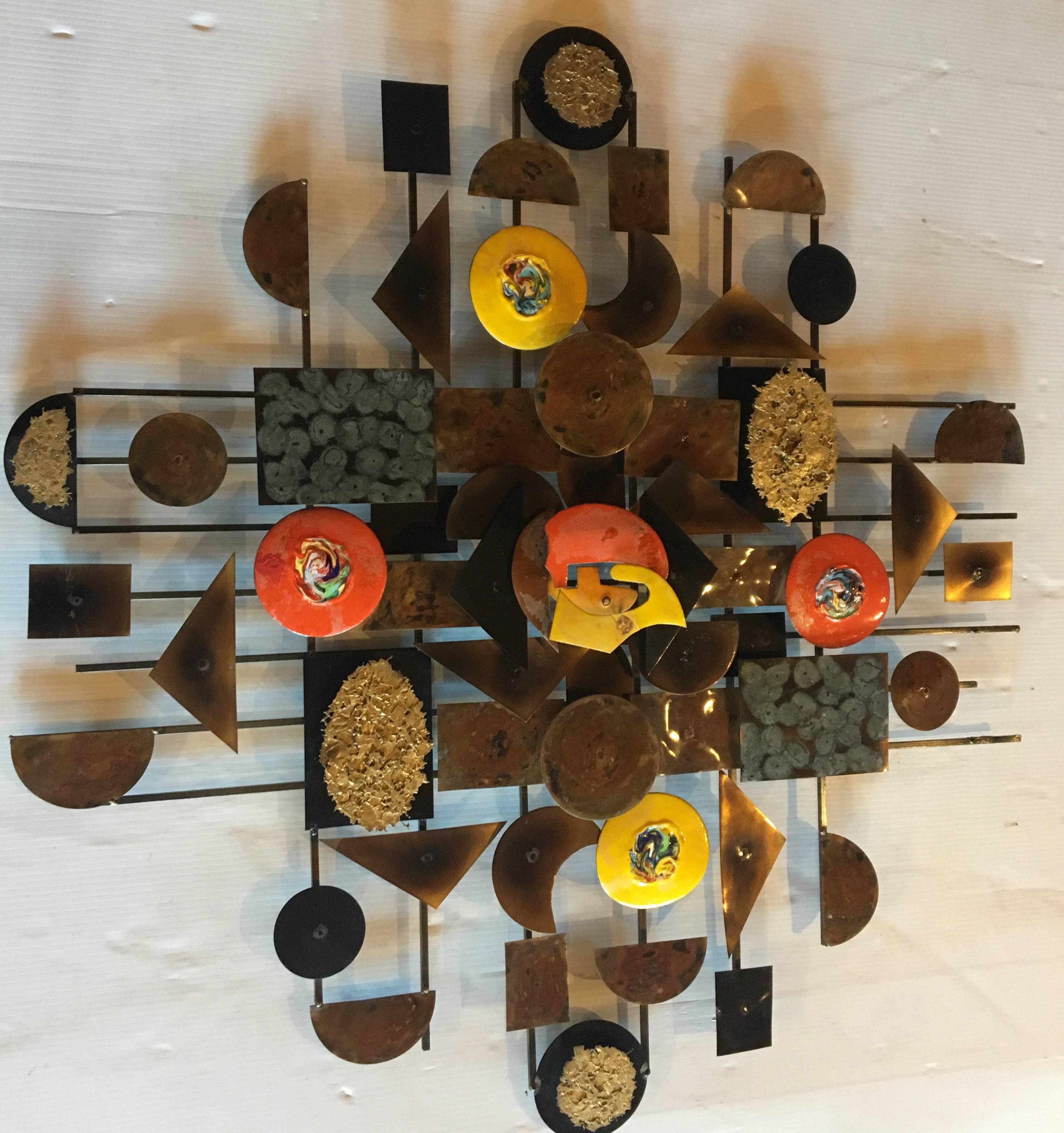 Mid-Century Modern Striking Large Enameled and Brass Brutalist Wall Hanging Sculpture