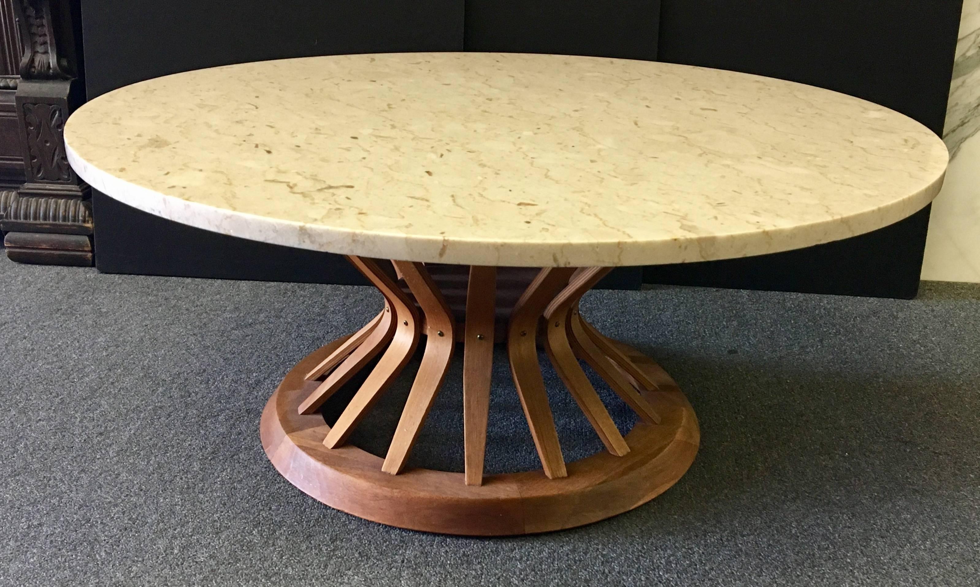 Beautiful round wheat shaft coffee table designed by Edward Wormley for Dunbar, circa 1960s. Solid walnut base with nice 1" thick Italian marble top. Excellent condition; solid and sturdy. The marble top diameter is 36". The piece can be
