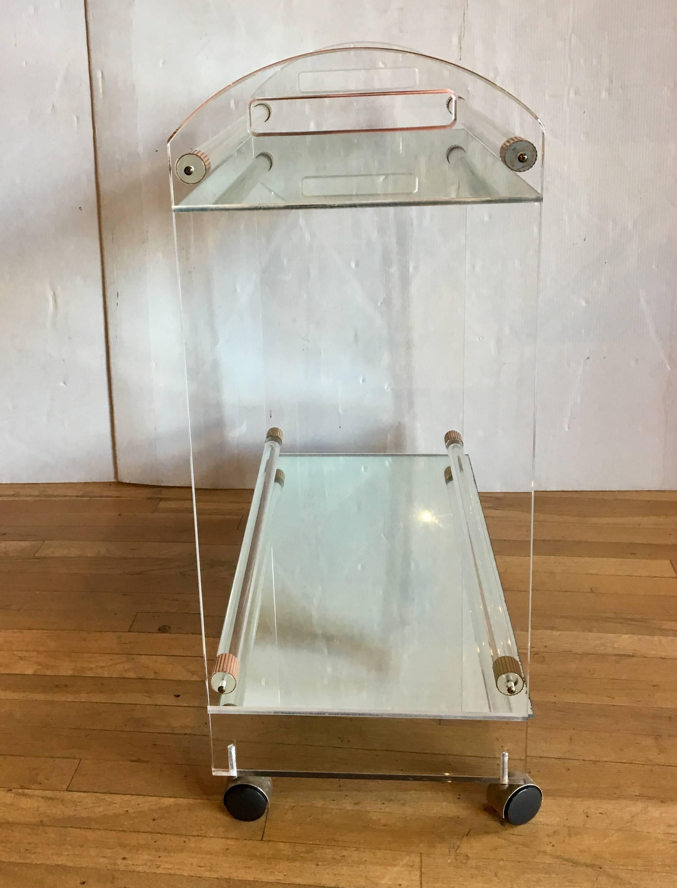 Hollywood Regency 1970s American Modern Lucite, Mirror and Brass Bar Cart