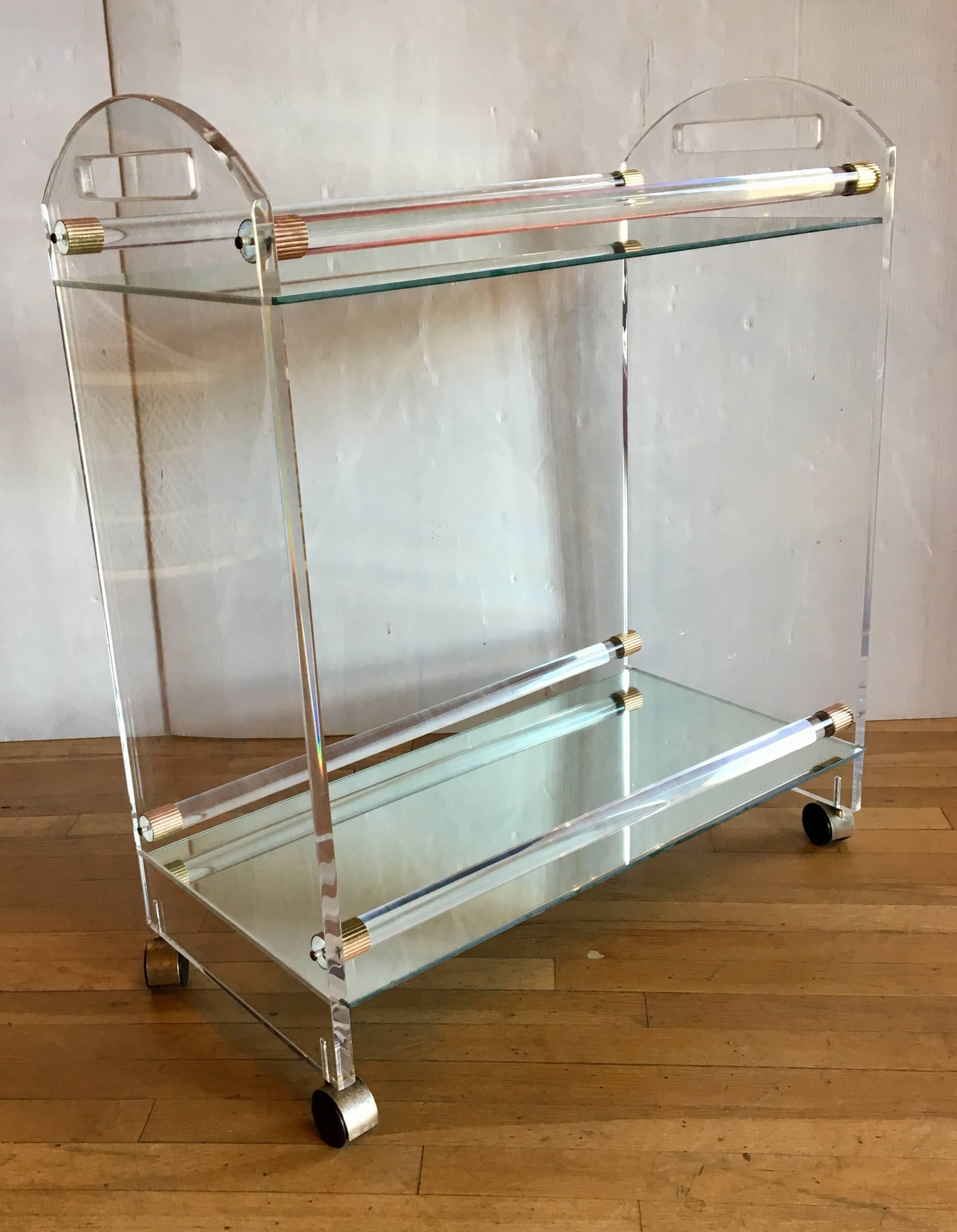 1970s American Modern Lucite, Mirror and Brass Bar Cart In Good Condition In San Diego, CA