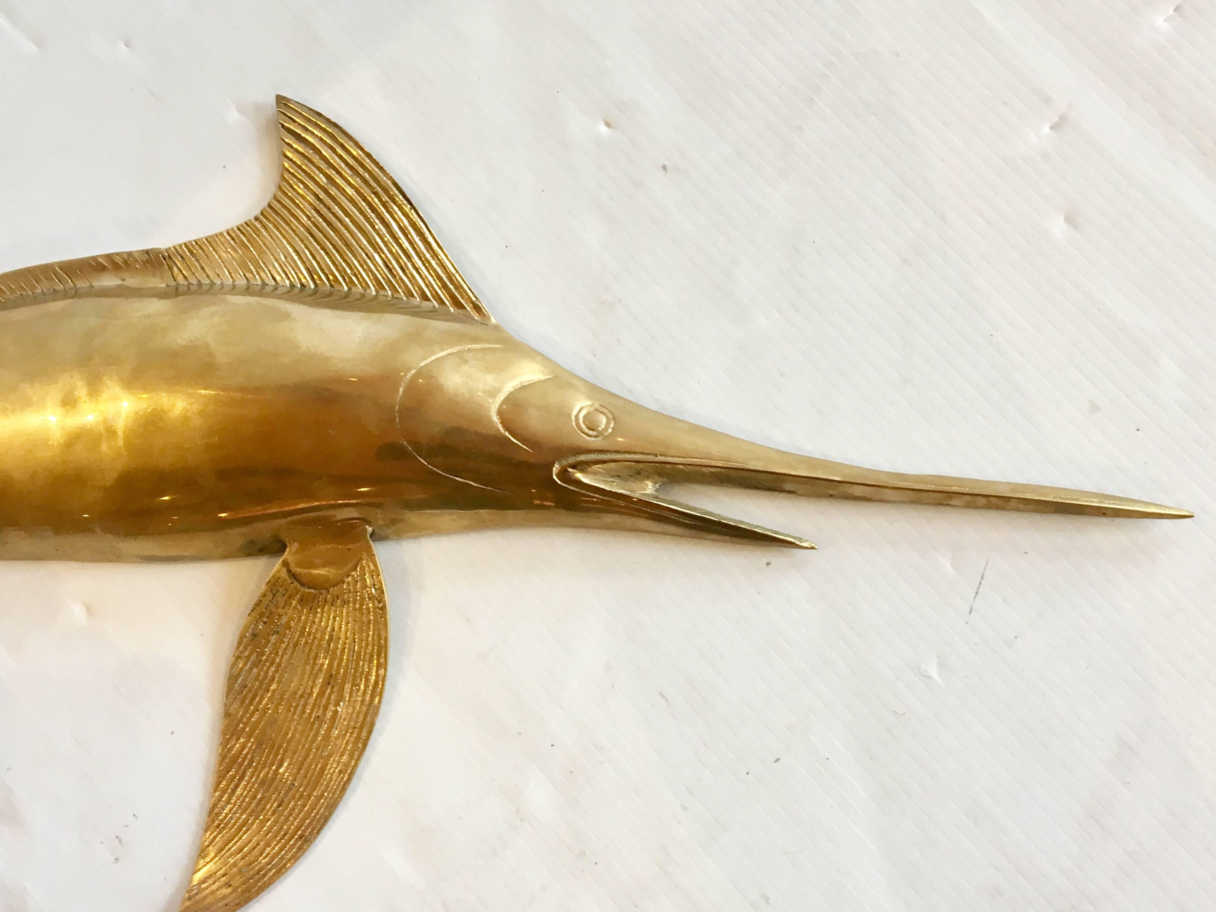 American Hollywood Regency Solid Polished Brass Sailfish Wall Sculpture
