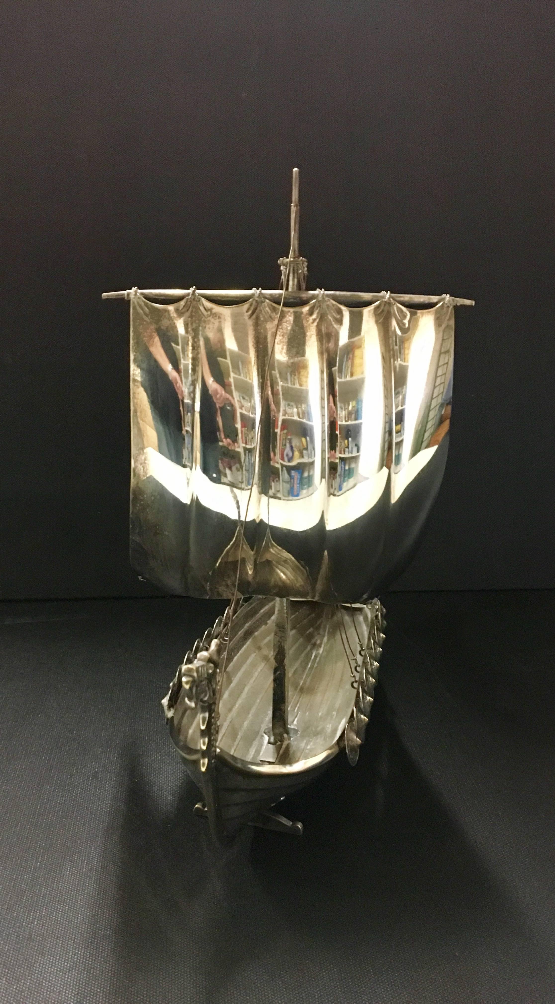 Vintage Silver Plate and Brass Viking Ship In Good Condition In San Diego, CA