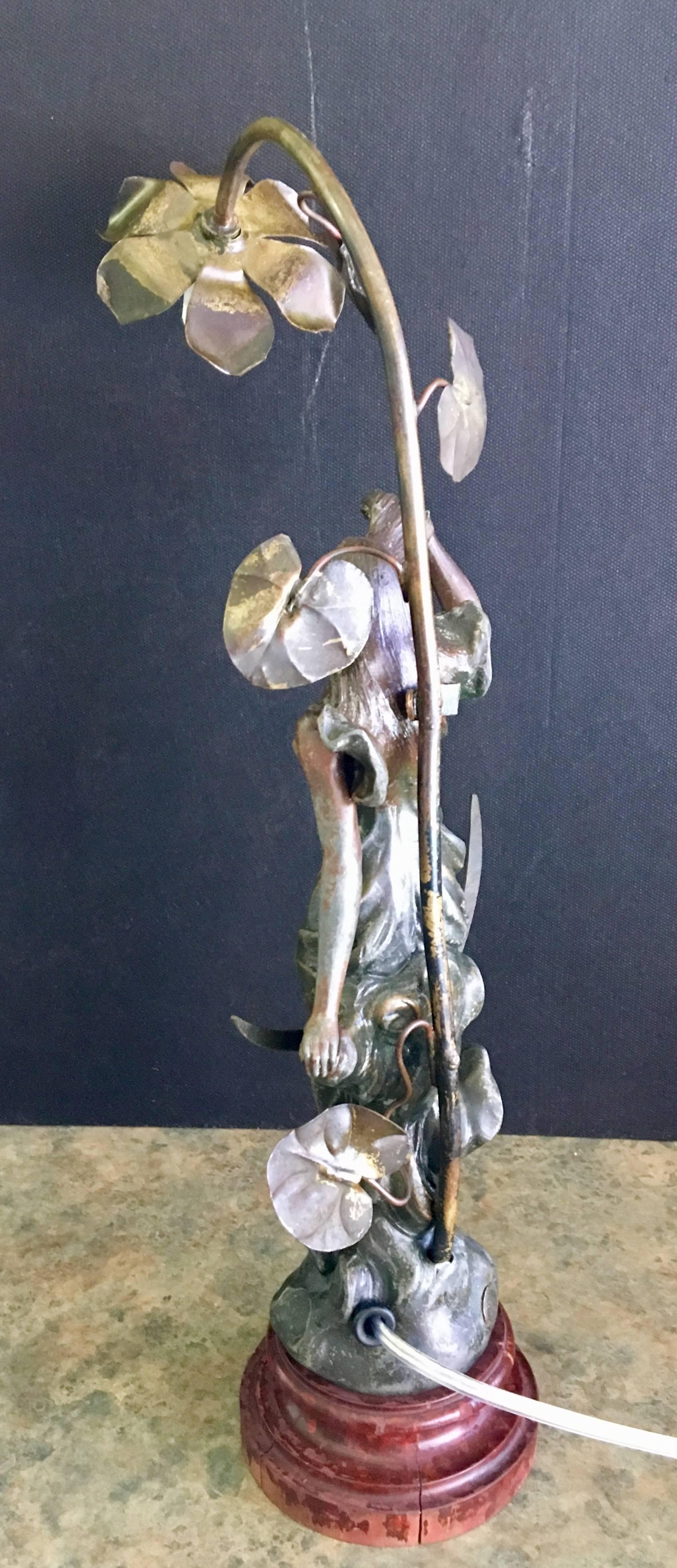 French Rare Art Nouveau Lamp by Francois Moreau in Cast Metal Patinated Bronze Finish For Sale