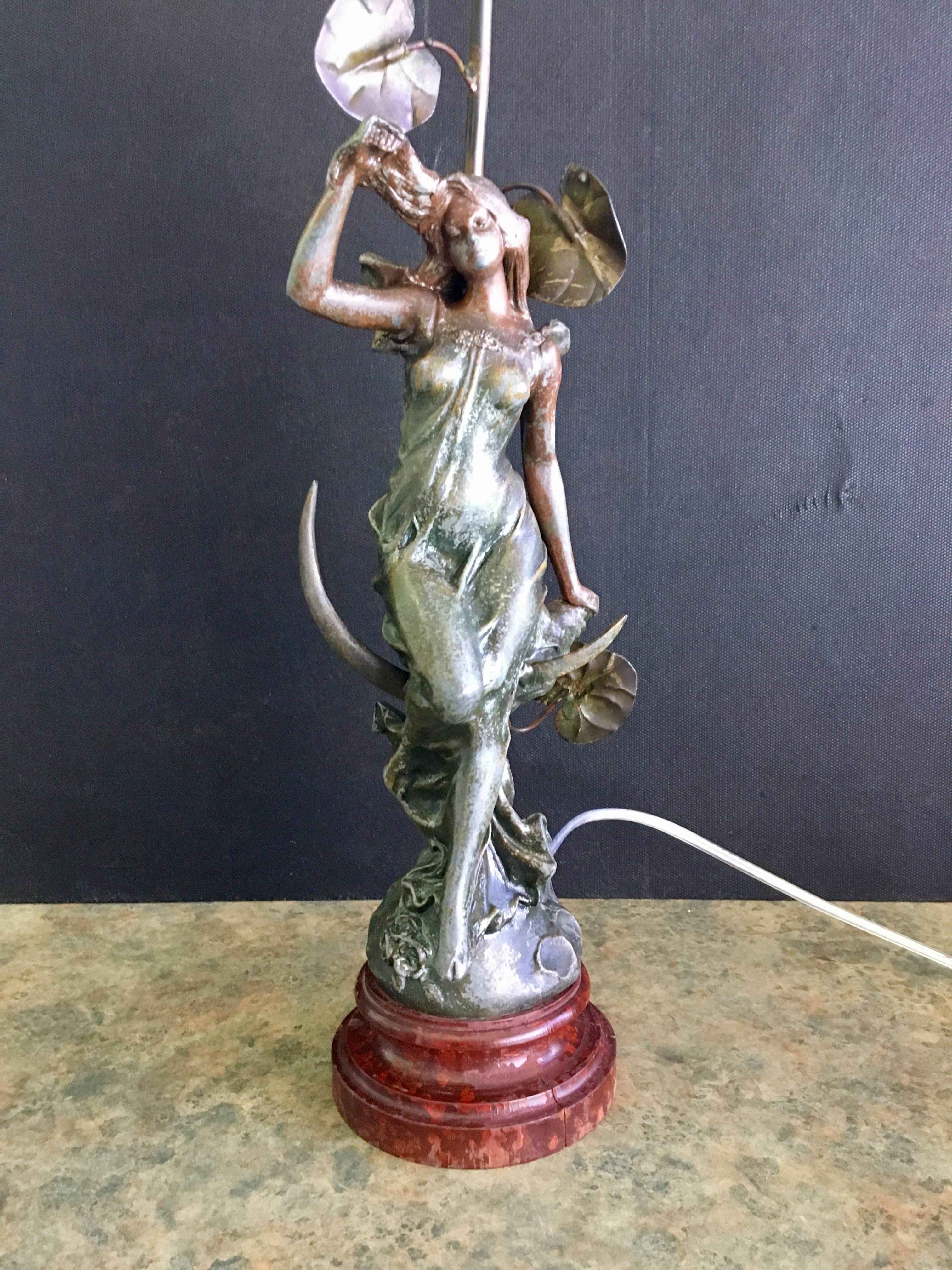Rare Art Nouveau Lamp by Francois Moreau in Cast Metal Patinated Bronze Finish In Good Condition For Sale In San Diego, CA