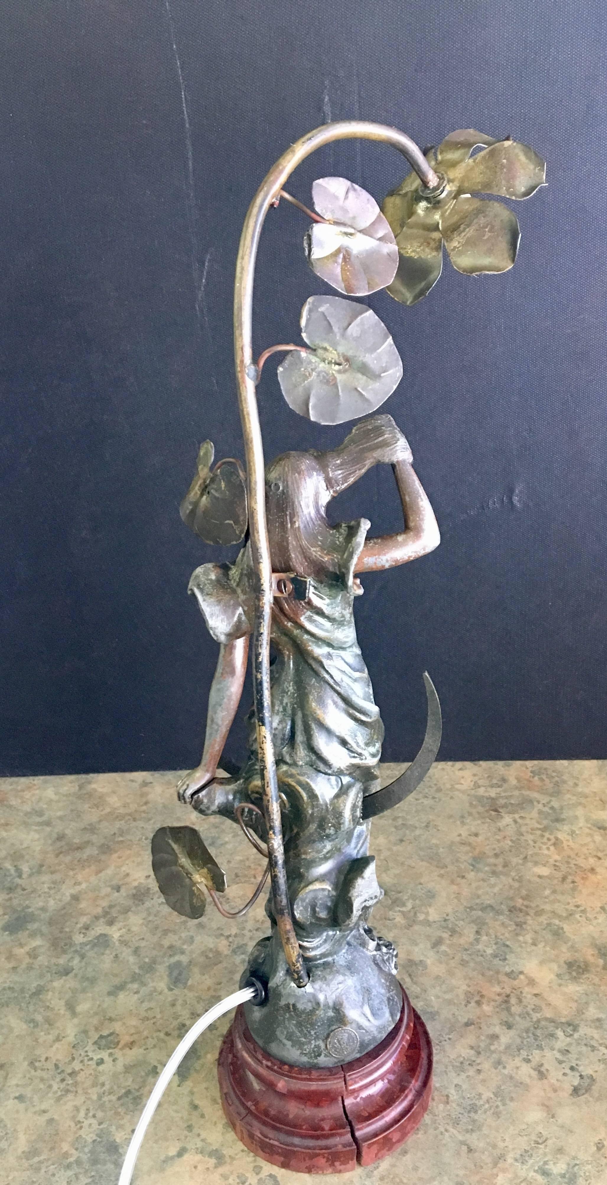 Rare Art Nouveau Lamp by Francois Moreau in Cast Metal Patinated Bronze Finish For Sale 3
