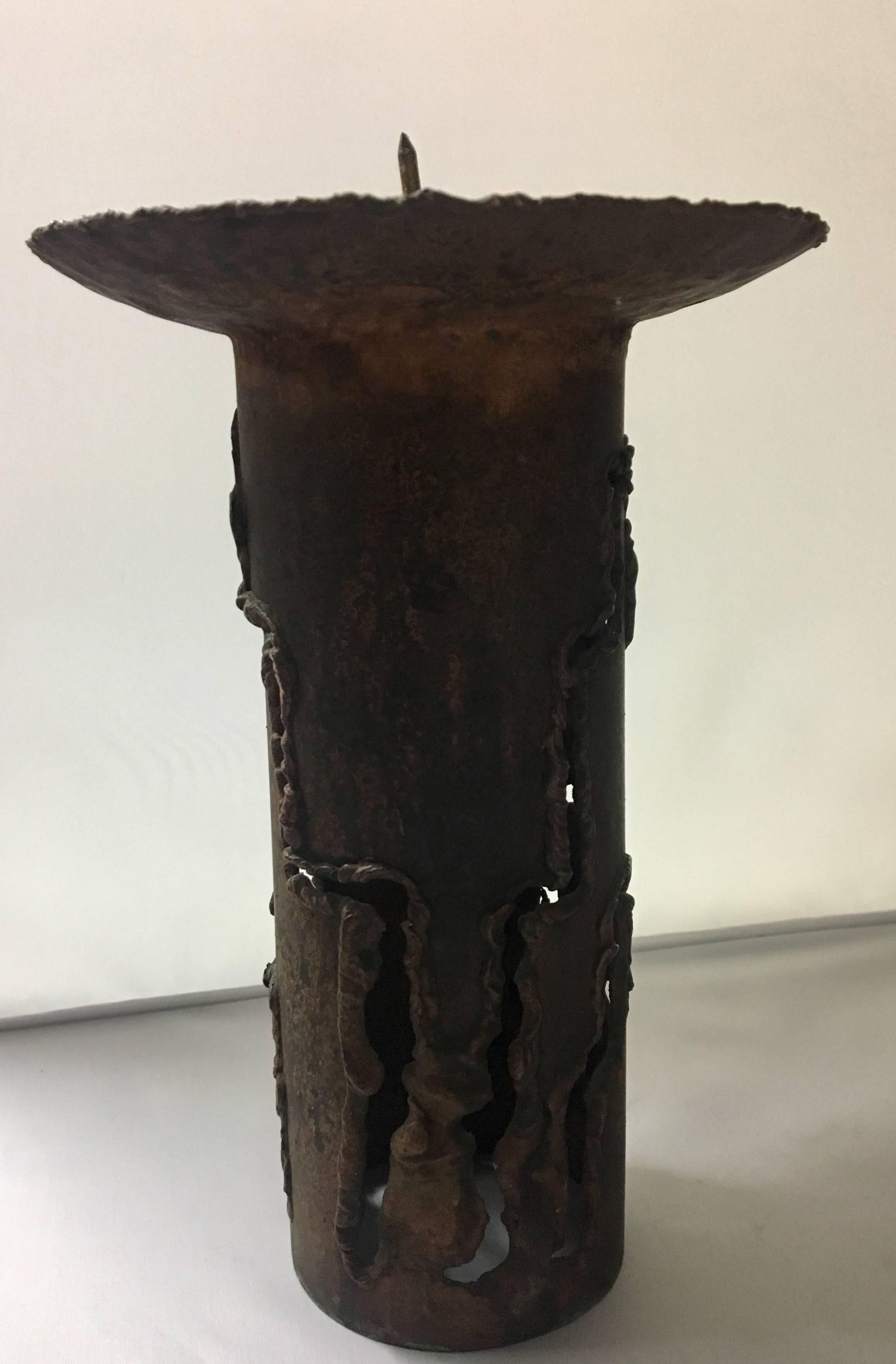 American Single Signed Brutalist Copper Tall Candleholder by E.Schran, 1989