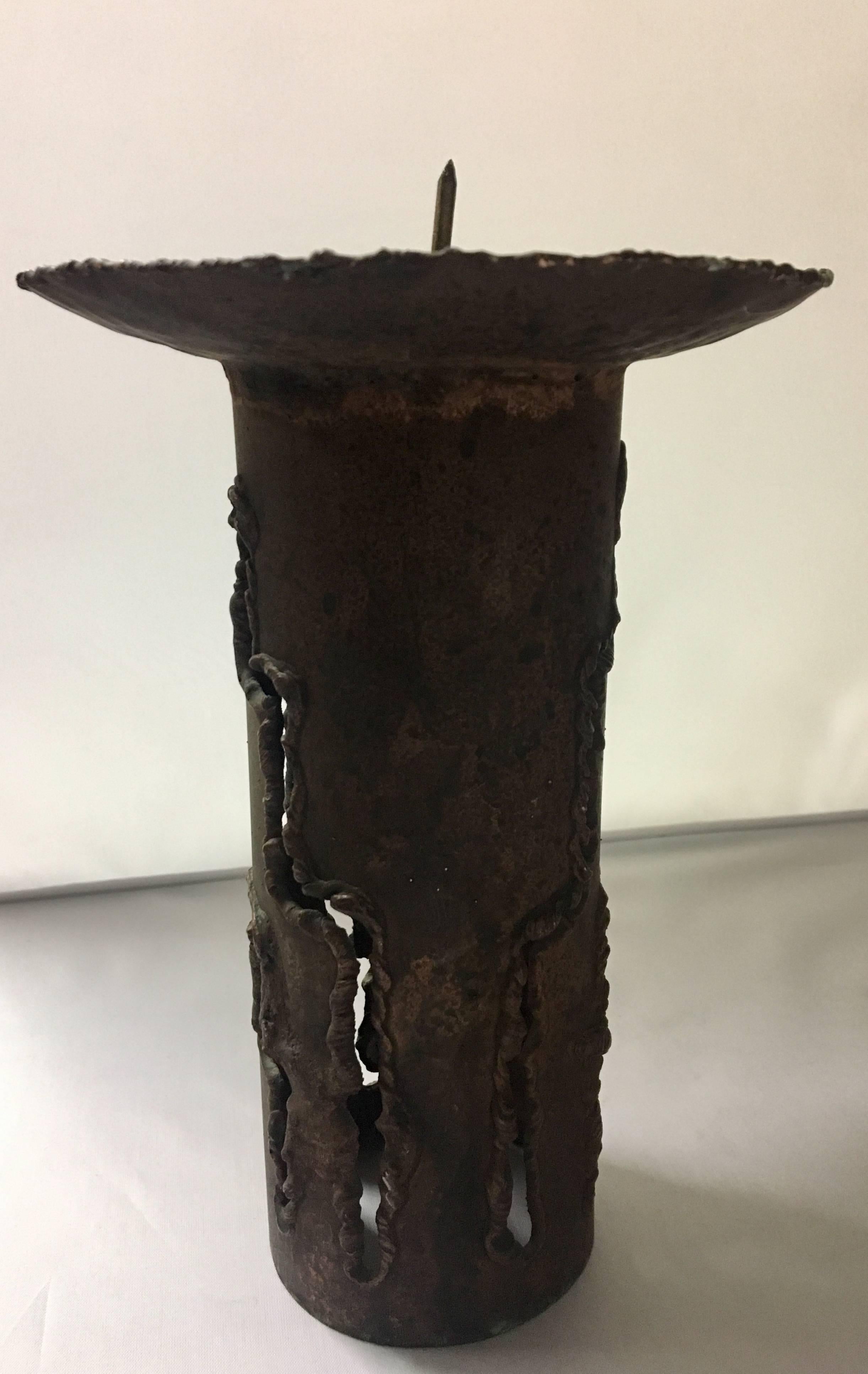 Single Signed Brutalist Copper Tall Candleholder by E.Schran, 1989 In Excellent Condition In San Diego, CA