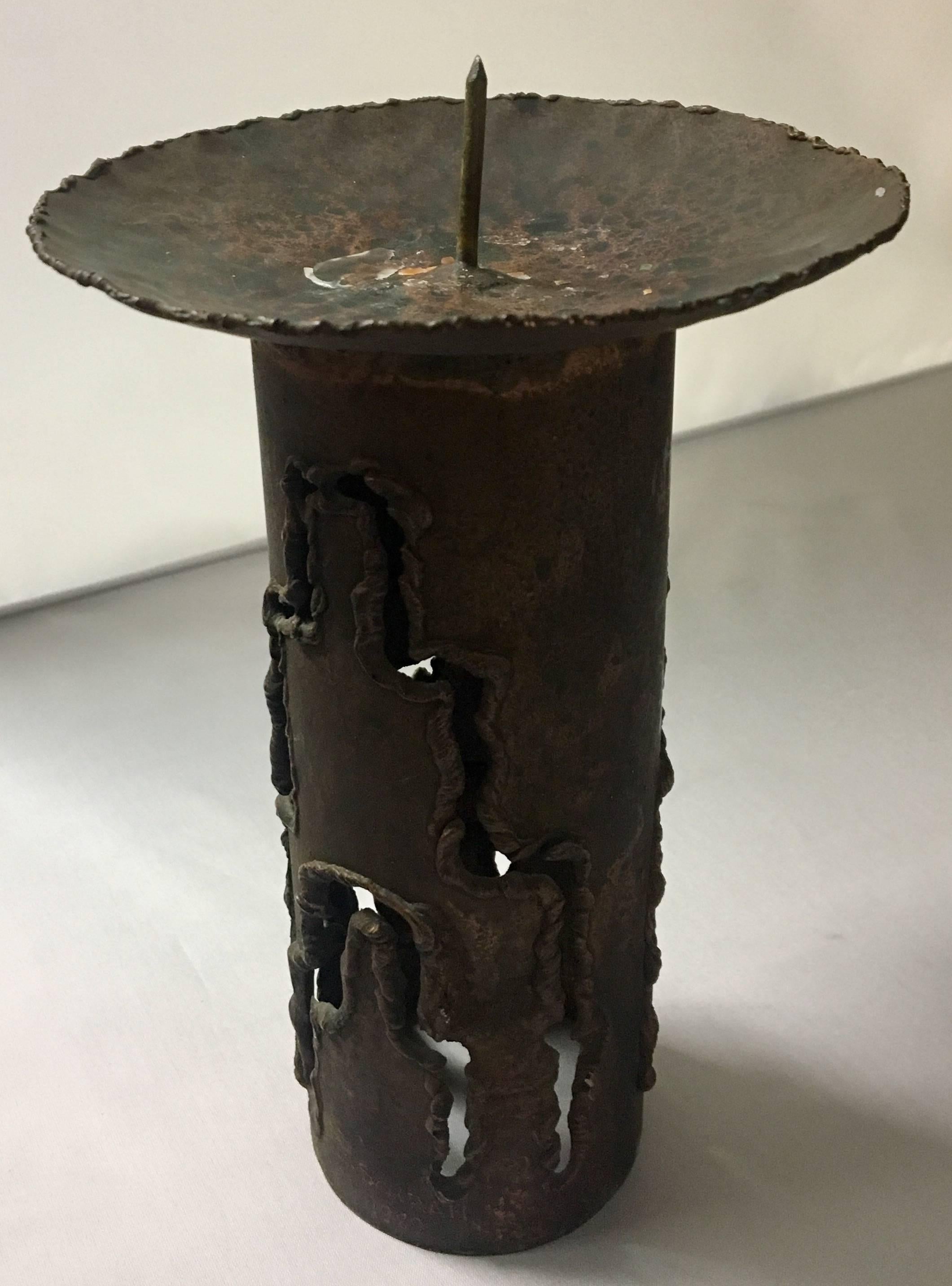 20th Century Single Signed Brutalist Copper Tall Candleholder by E.Schran, 1989