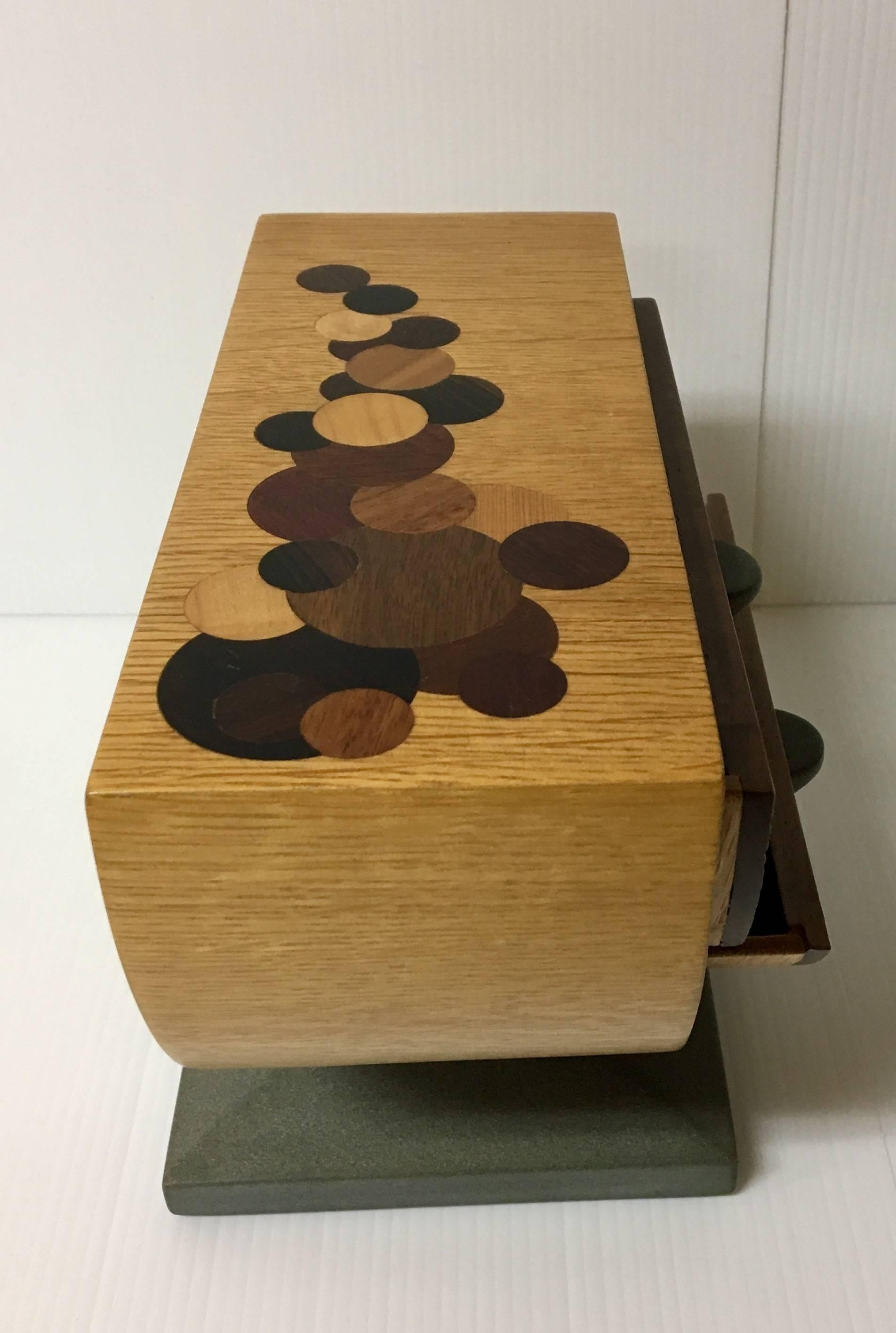 Mid-Century Modern Handmade Mixed Woods and Slate Base Tabletop Jewelry Box