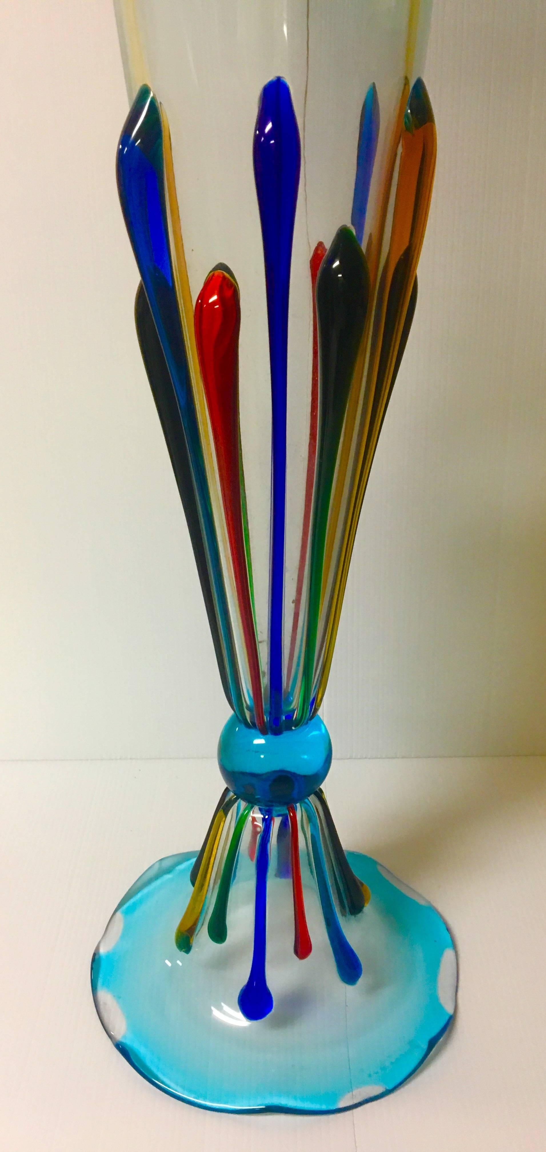Beautiful and unique extra tall (30" high) Murano glass vase by Danilo Zanella, circa 1980s. This multicolored piece was custom-made and comes with its original study lithograph (see pictures). The vase is signed and is an incredible piece of