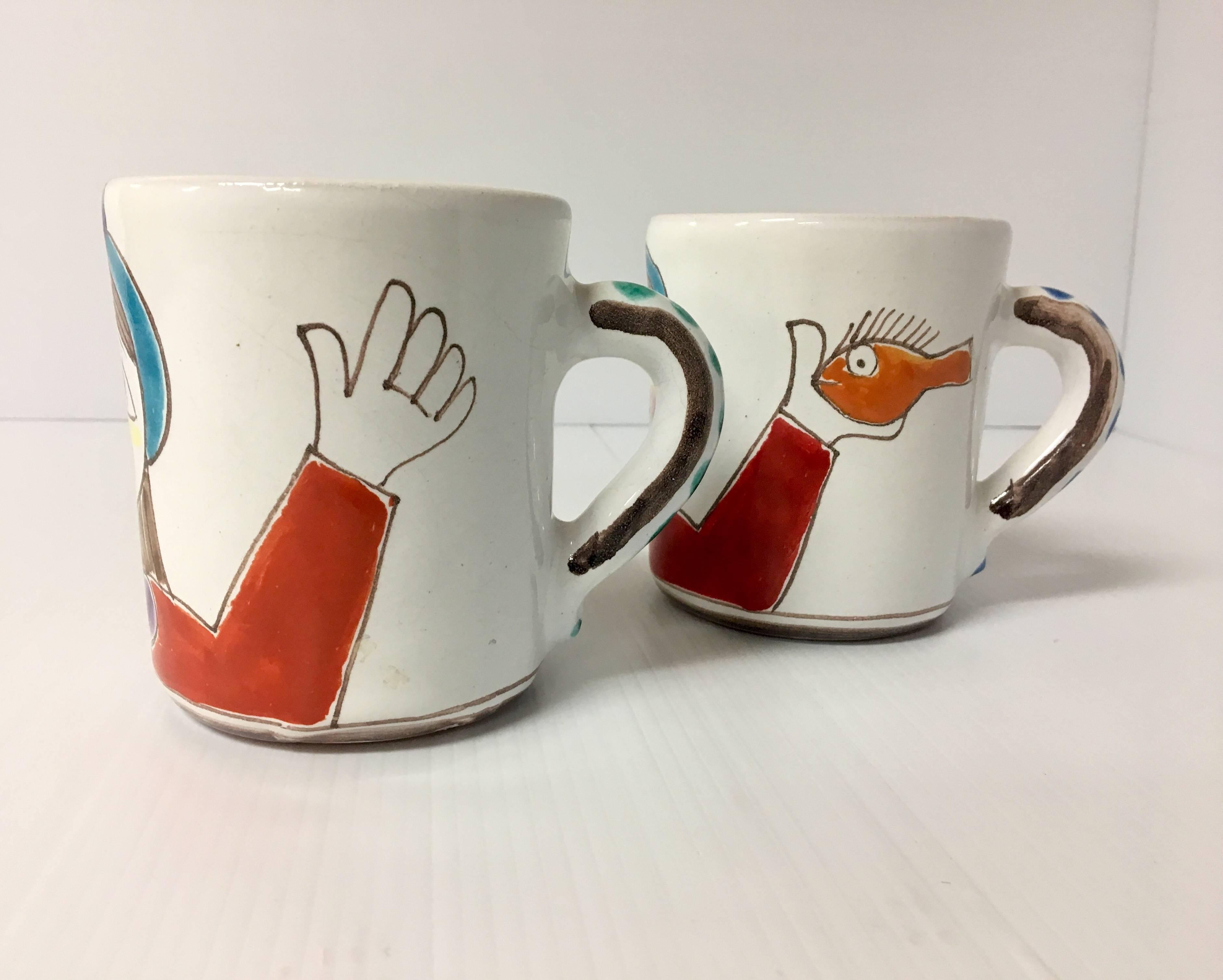 Mid-Century Modern Beautiful Pair of His & Hers Hand-Painted Mugs by Giovanni Desimone