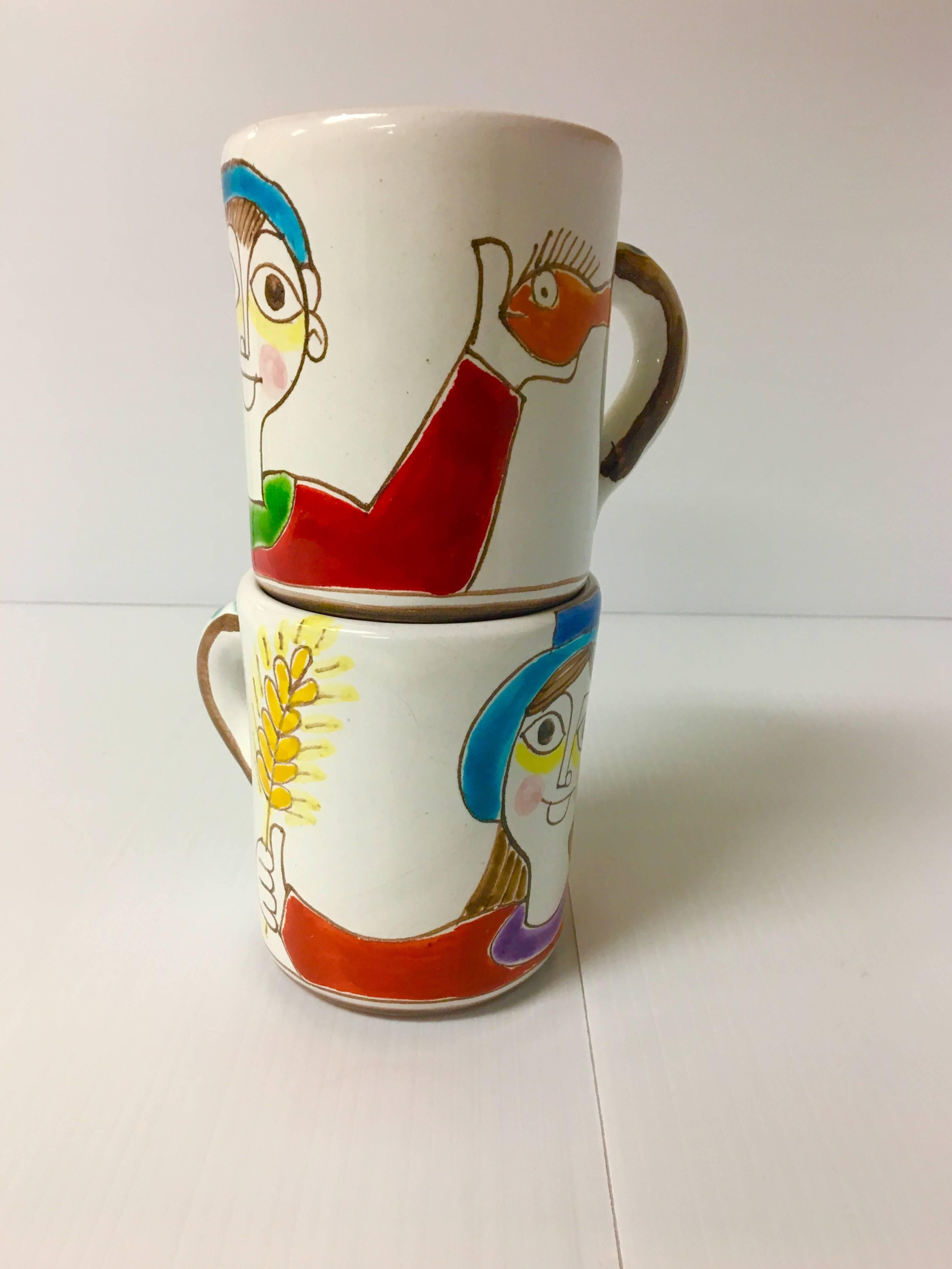 Beautiful Pair of His & Hers Hand-Painted Mugs by Giovanni Desimone In Excellent Condition In San Diego, CA