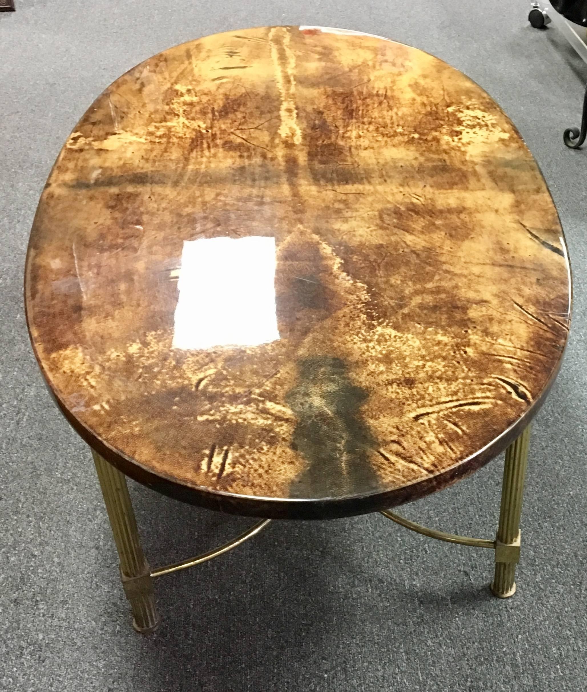 Hollywood Regency Goatskin and Brass Oval Coffee Table by Aldo Tura In Excellent Condition In San Diego, CA
