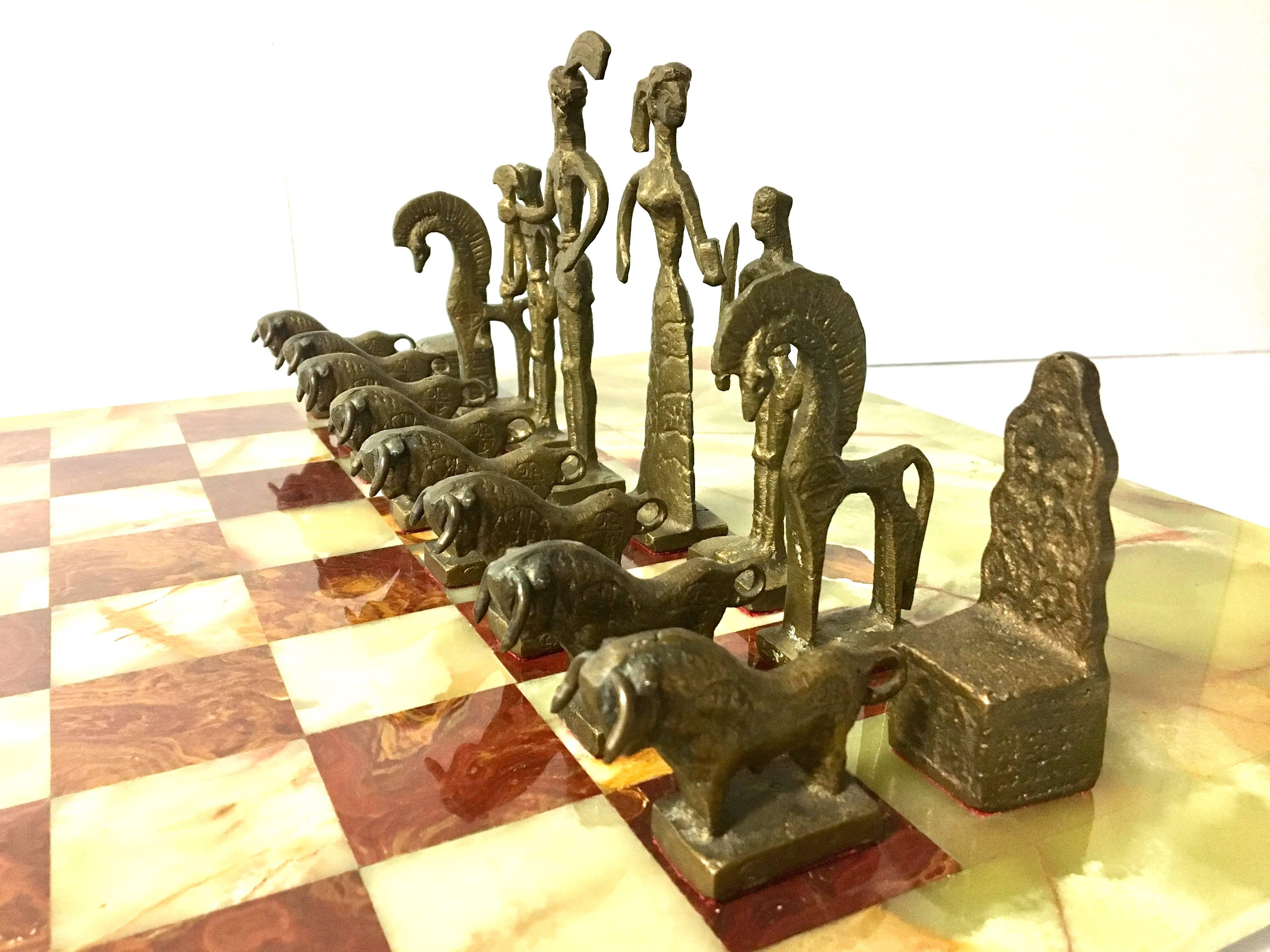 Mid-Century Modern Unique Chess Set in the Style of Frededrick Weinberg on Oversized Onyx Board