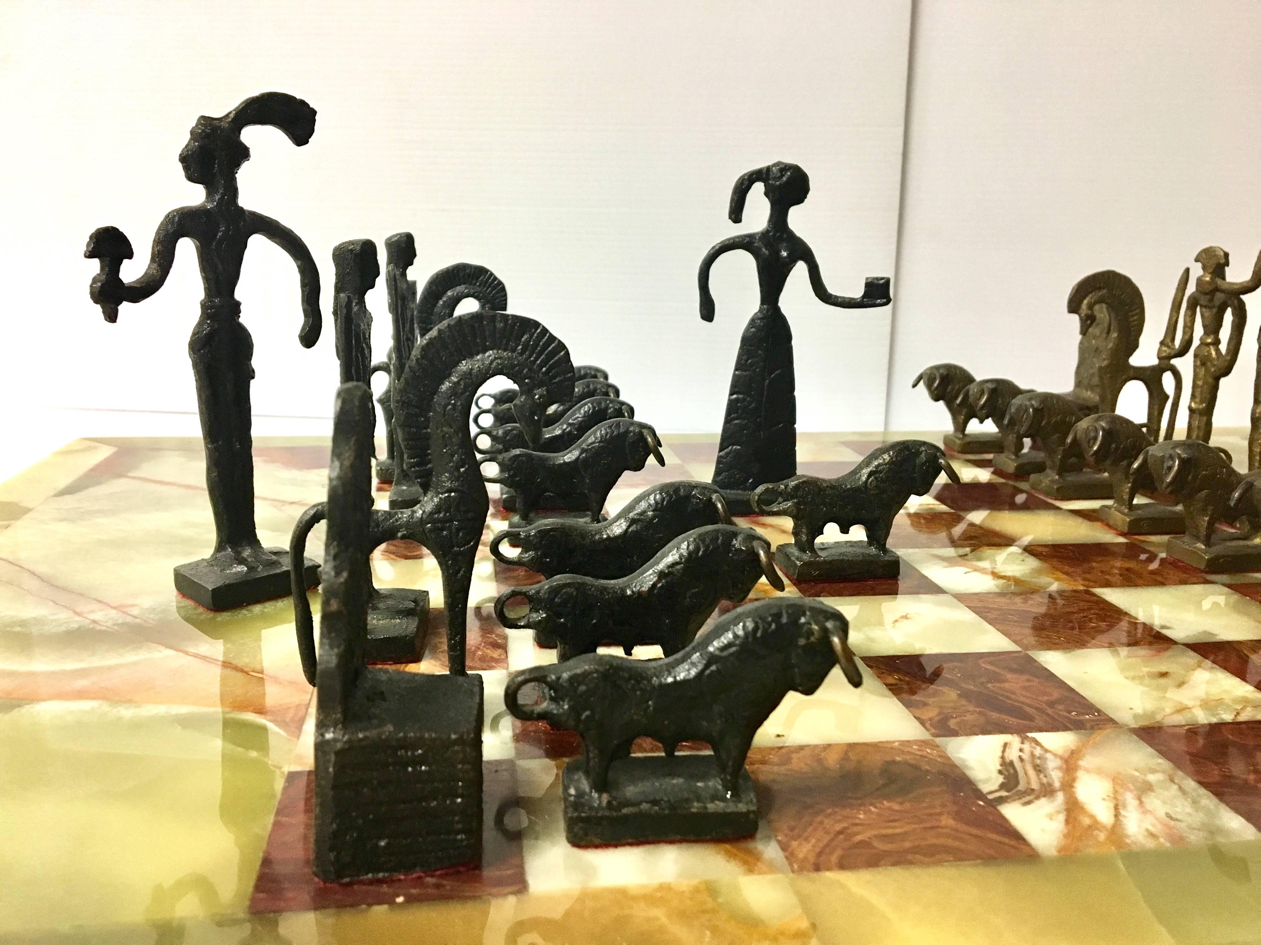 American Unique Chess Set in the Style of Frededrick Weinberg on Oversized Onyx Board