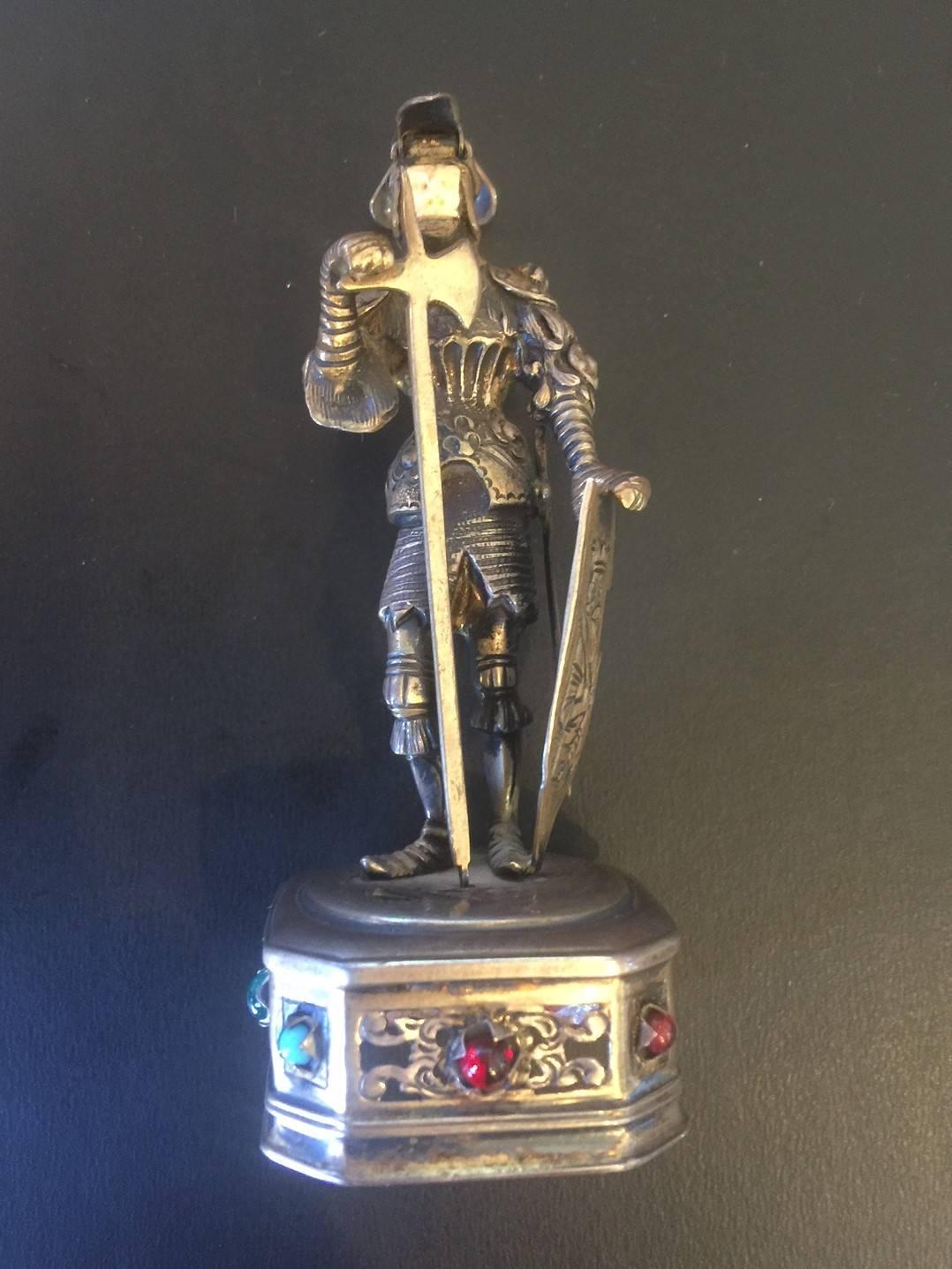 20th Century Antique German Jewel Encrusted Sterling Silver Knight Statue