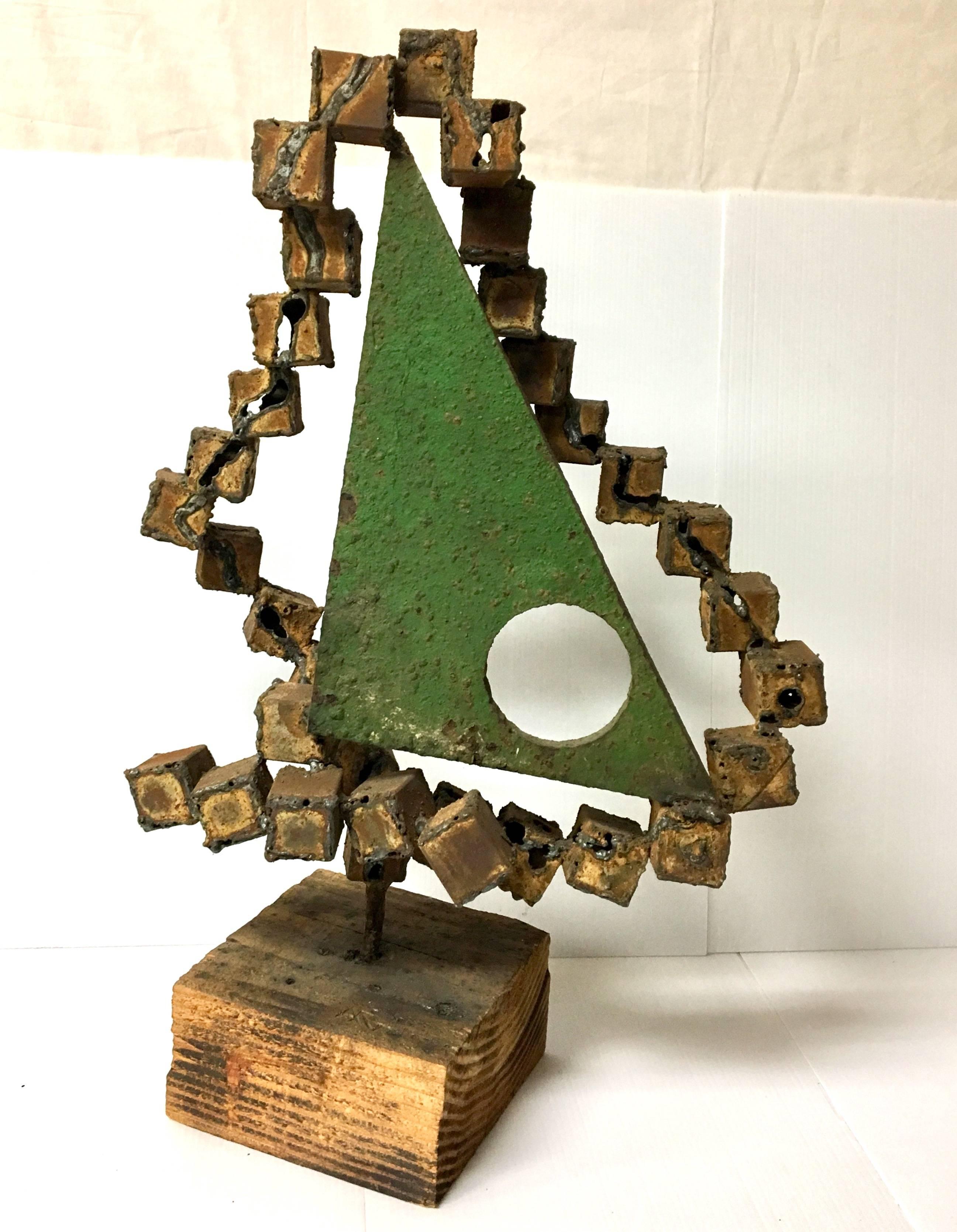 American Brutalist Metal on Wood Base Geometric Sculpture by Frank Cota