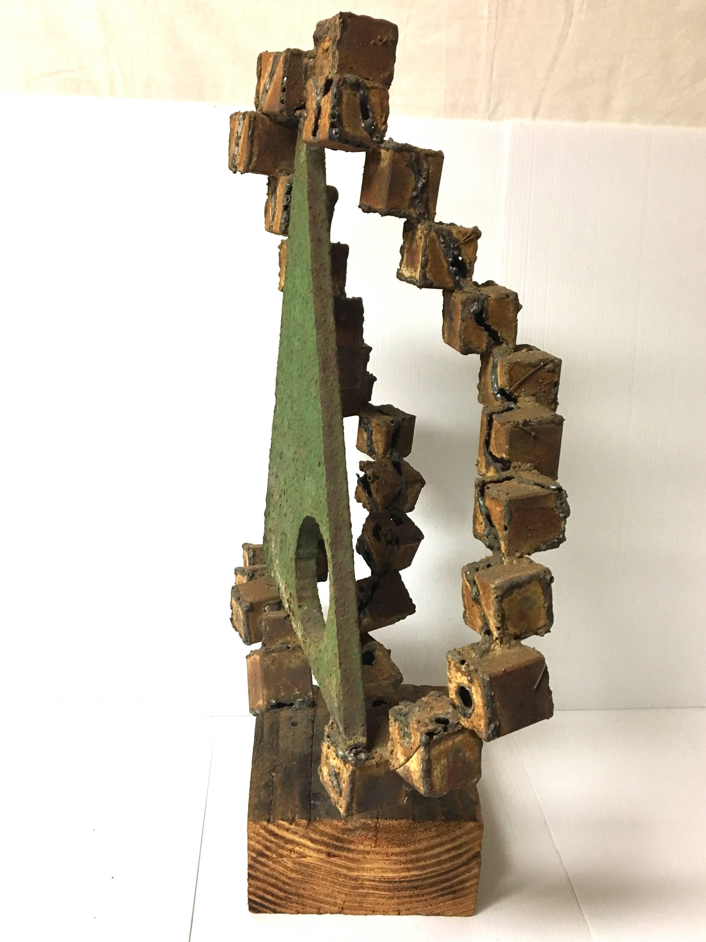 Brutalist Metal on Wood Base Geometric Sculpture by Frank Cota In Good Condition In San Diego, CA