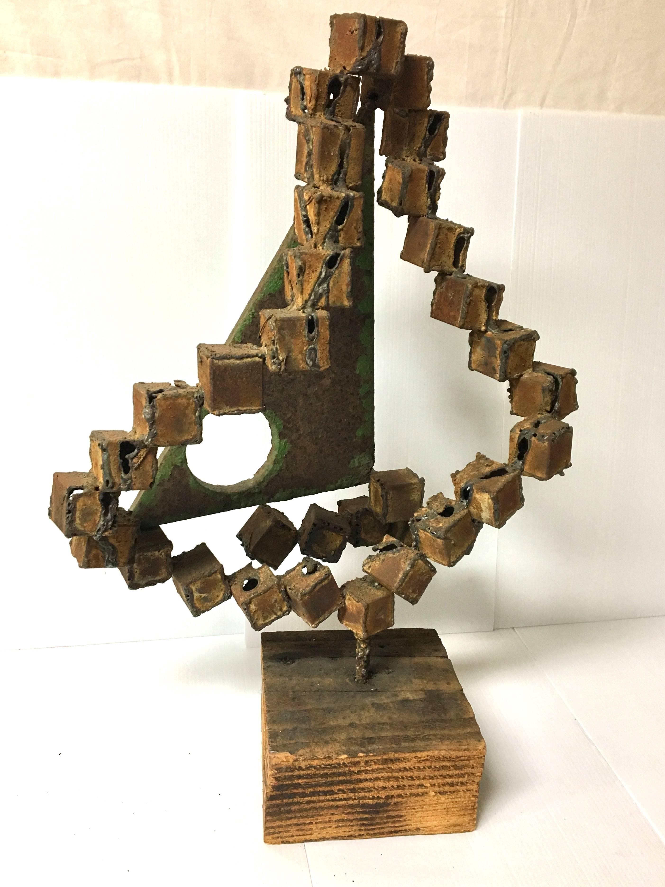 20th Century Brutalist Metal on Wood Base Geometric Sculpture by Frank Cota