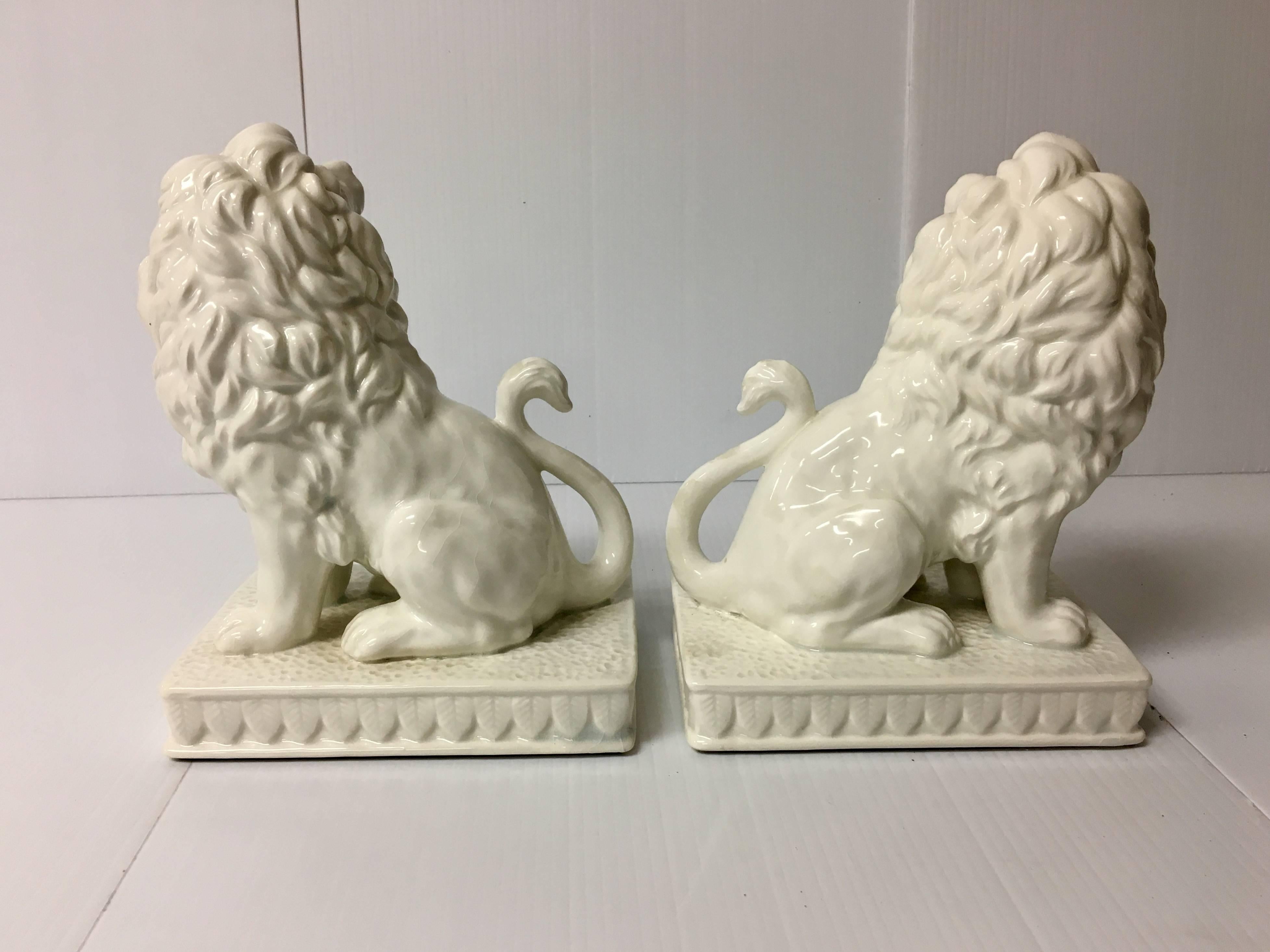Mid-Century Modern Pair of Lion Bookends in White Porcelain/Chine De Blanc by Fitz & Floyd