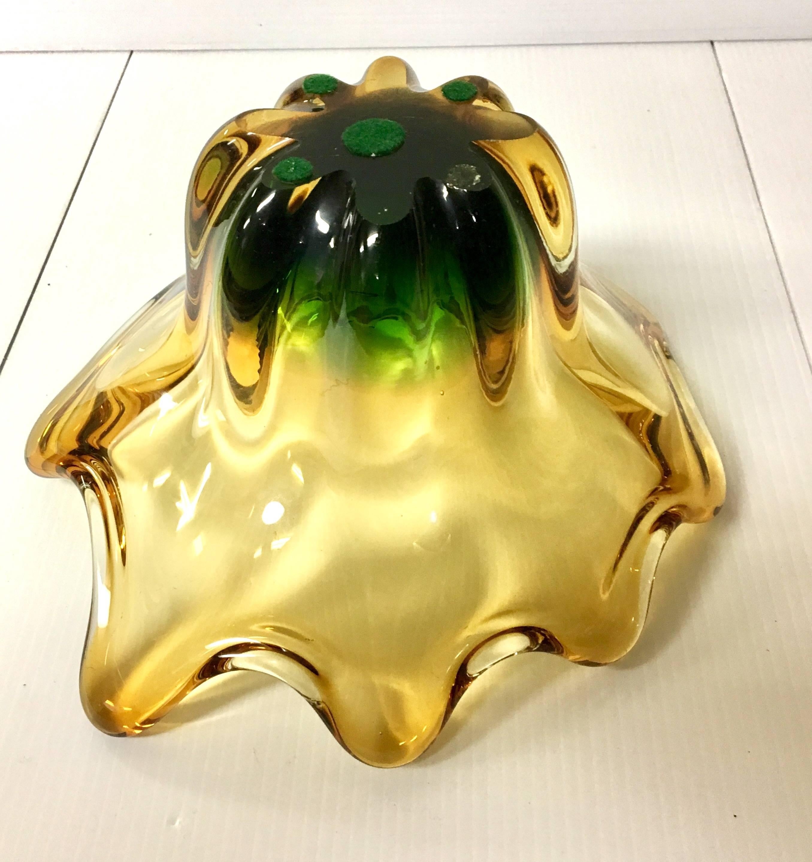 Hollywood Regency Elegant Gold and Green Murano Glass Candy Bowl Centerpiece
