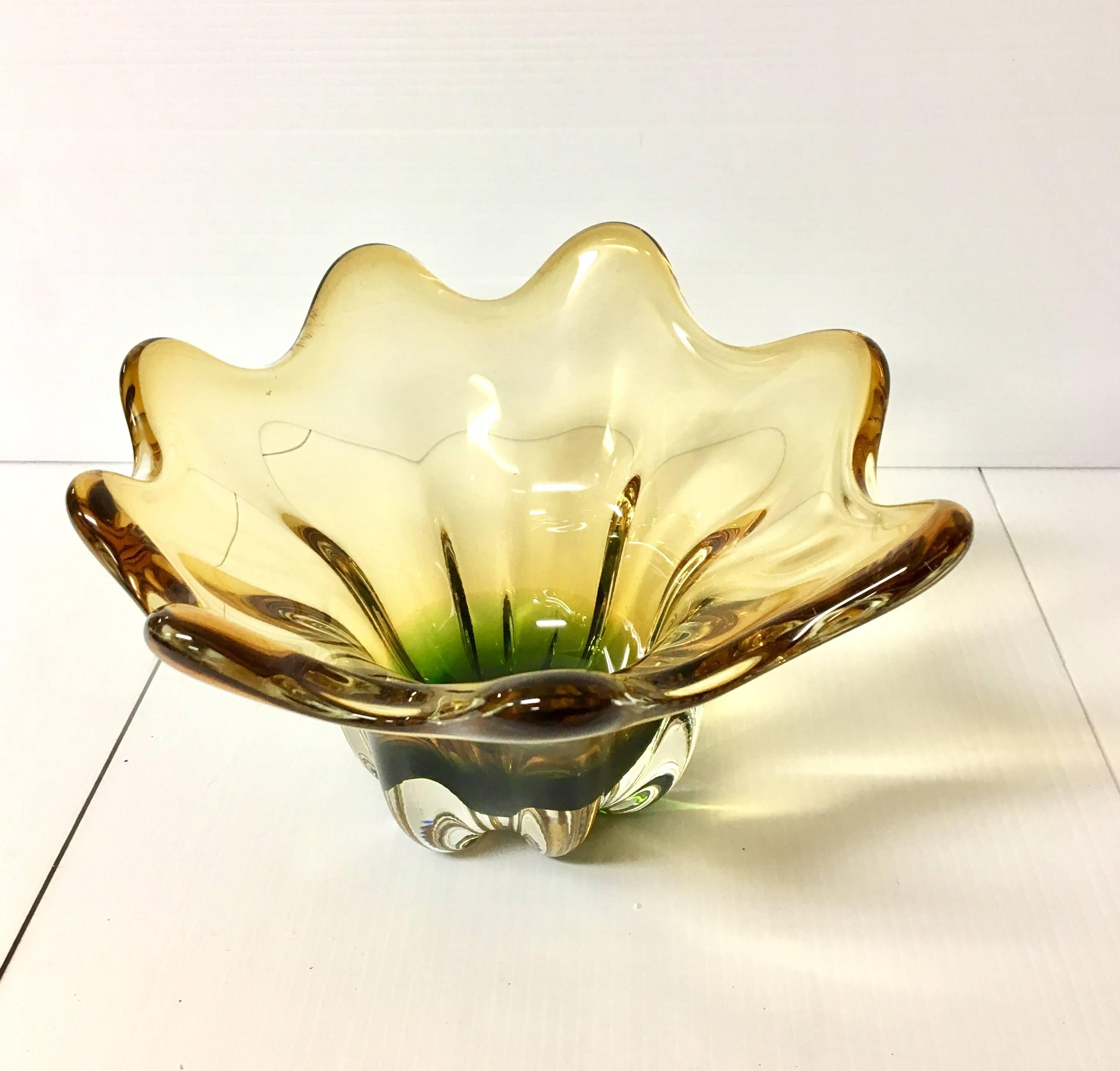 Italian Elegant Gold and Green Murano Glass Candy Bowl Centerpiece