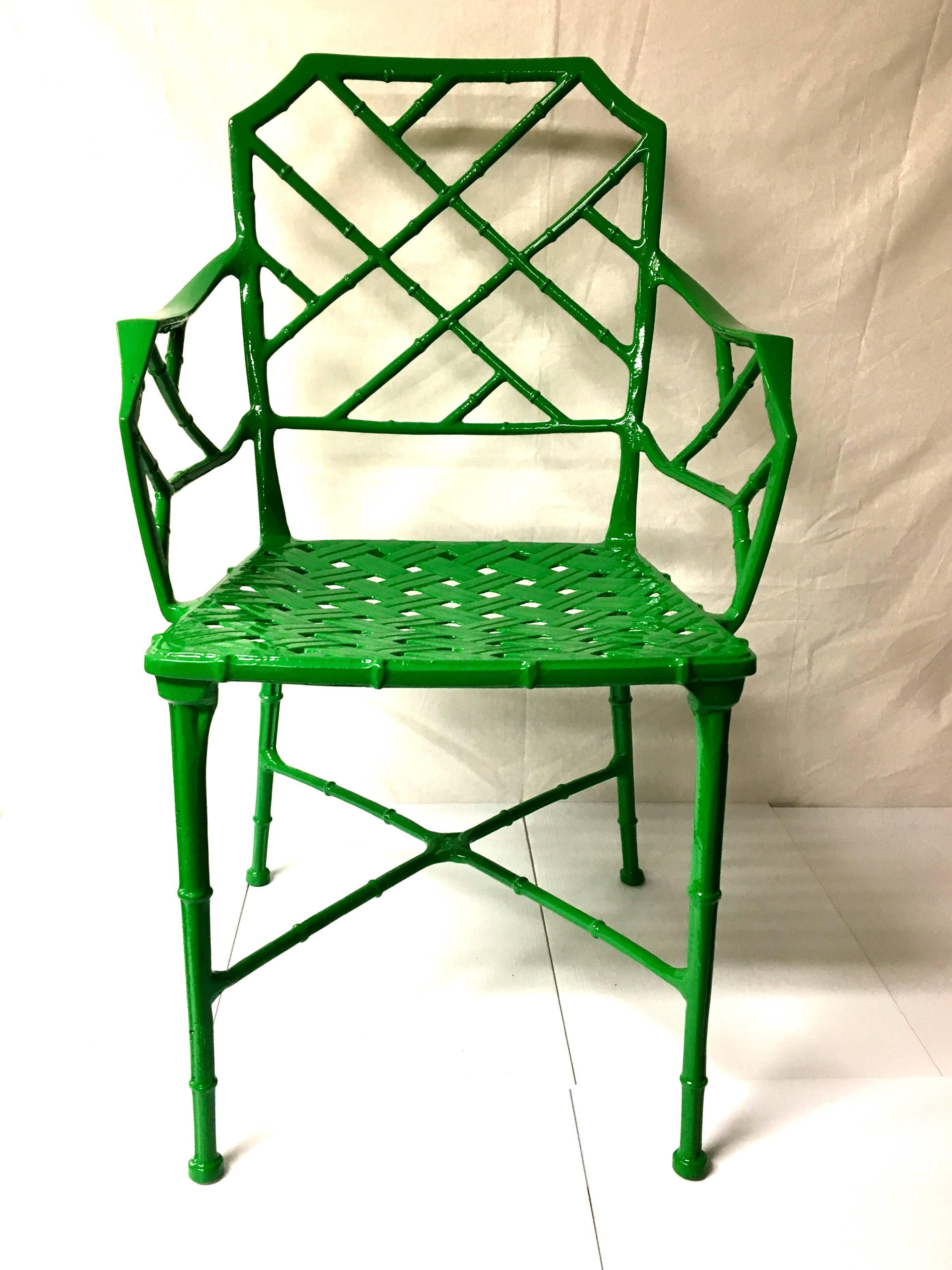 Beautiful Pair of Freshly sandblasted and powder coated arm patio chairs, by Brown Jordan Calcutta style, Chippendale model we have another pair available, originally designed in 1967 by Hall Bradley. Inspired by the design themes of Chippendale