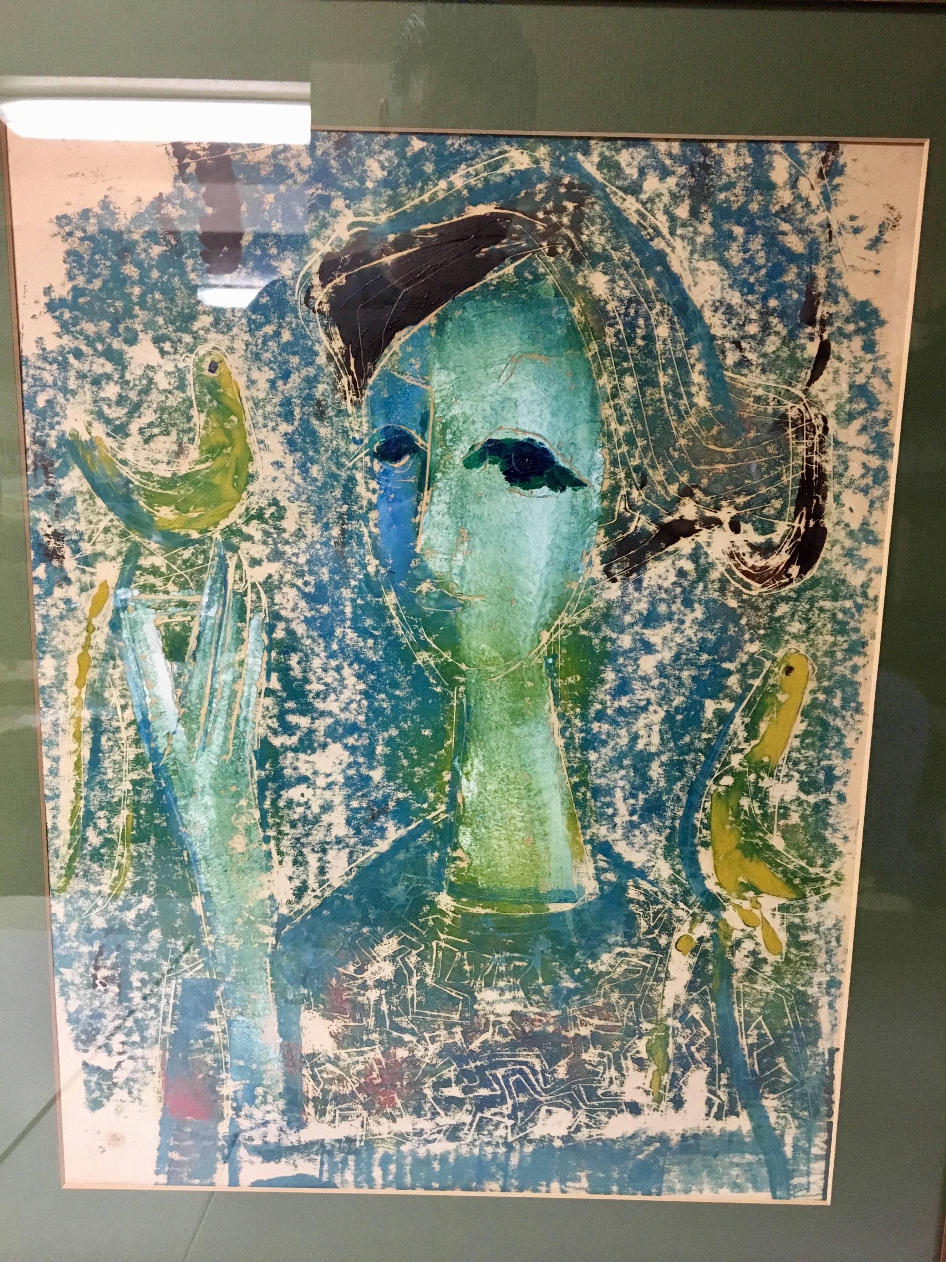 A very cool Mid-Century block print portrait of a young woman and two doves by listed artist Alex Boz (Bozickovic). Great color and style; would make a great addition to any MCM space!