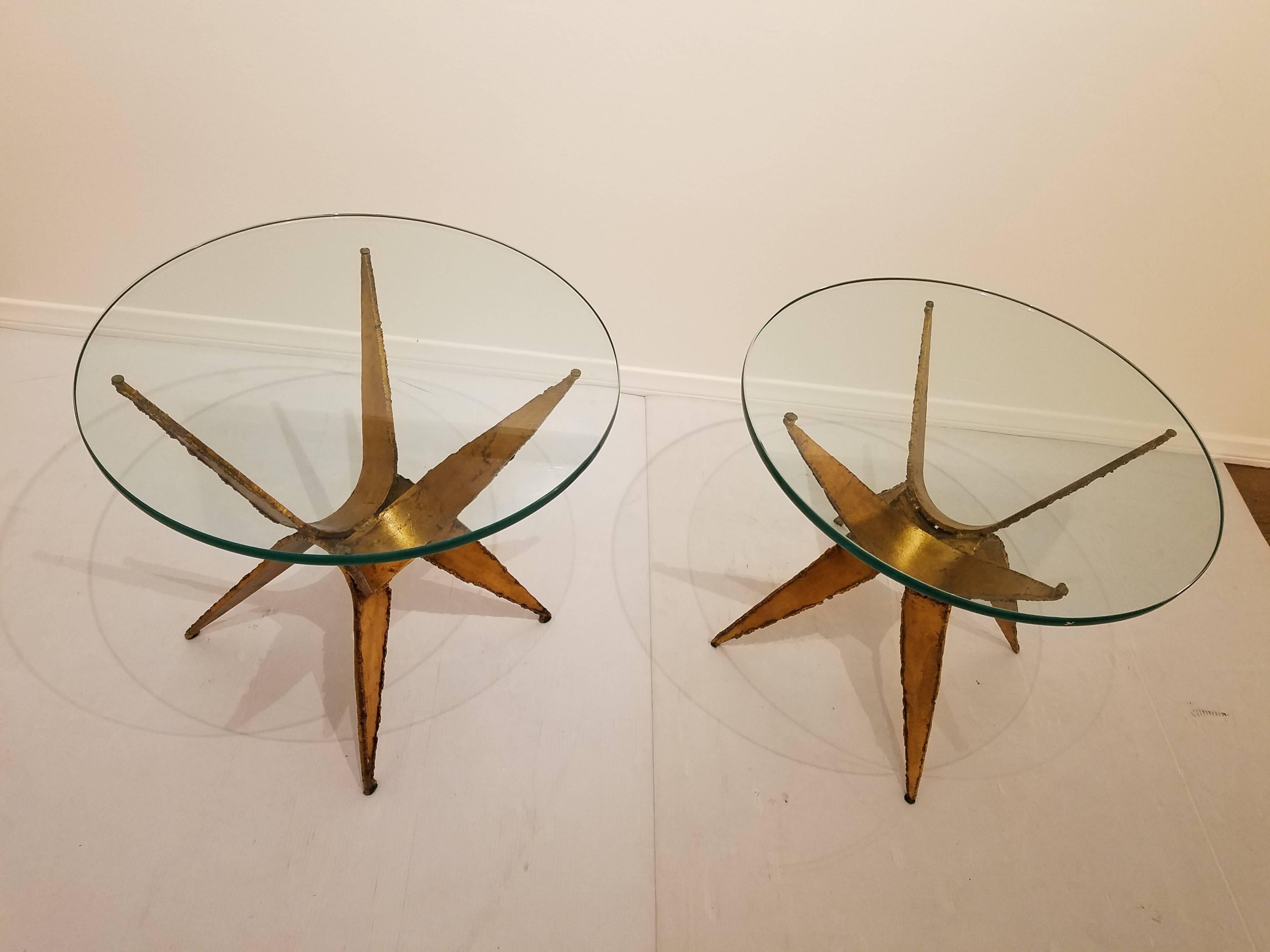 Brutalist Pair of Brutal Cocktail Tables Torch Cut Steel in Gold Leaf Finish