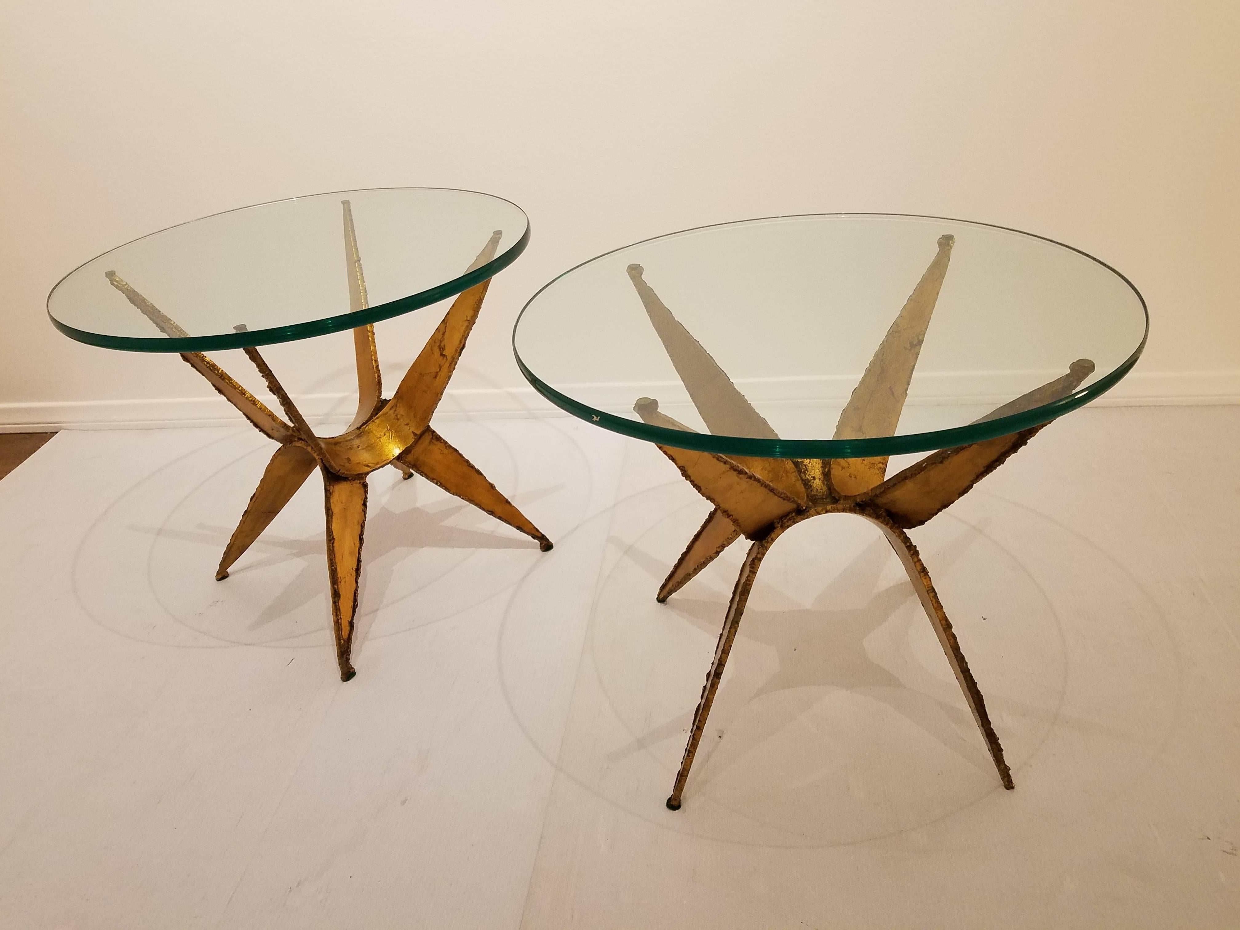 Pair of Brutal Cocktail Tables Torch Cut Steel in Gold Leaf Finish In Excellent Condition In San Diego, CA