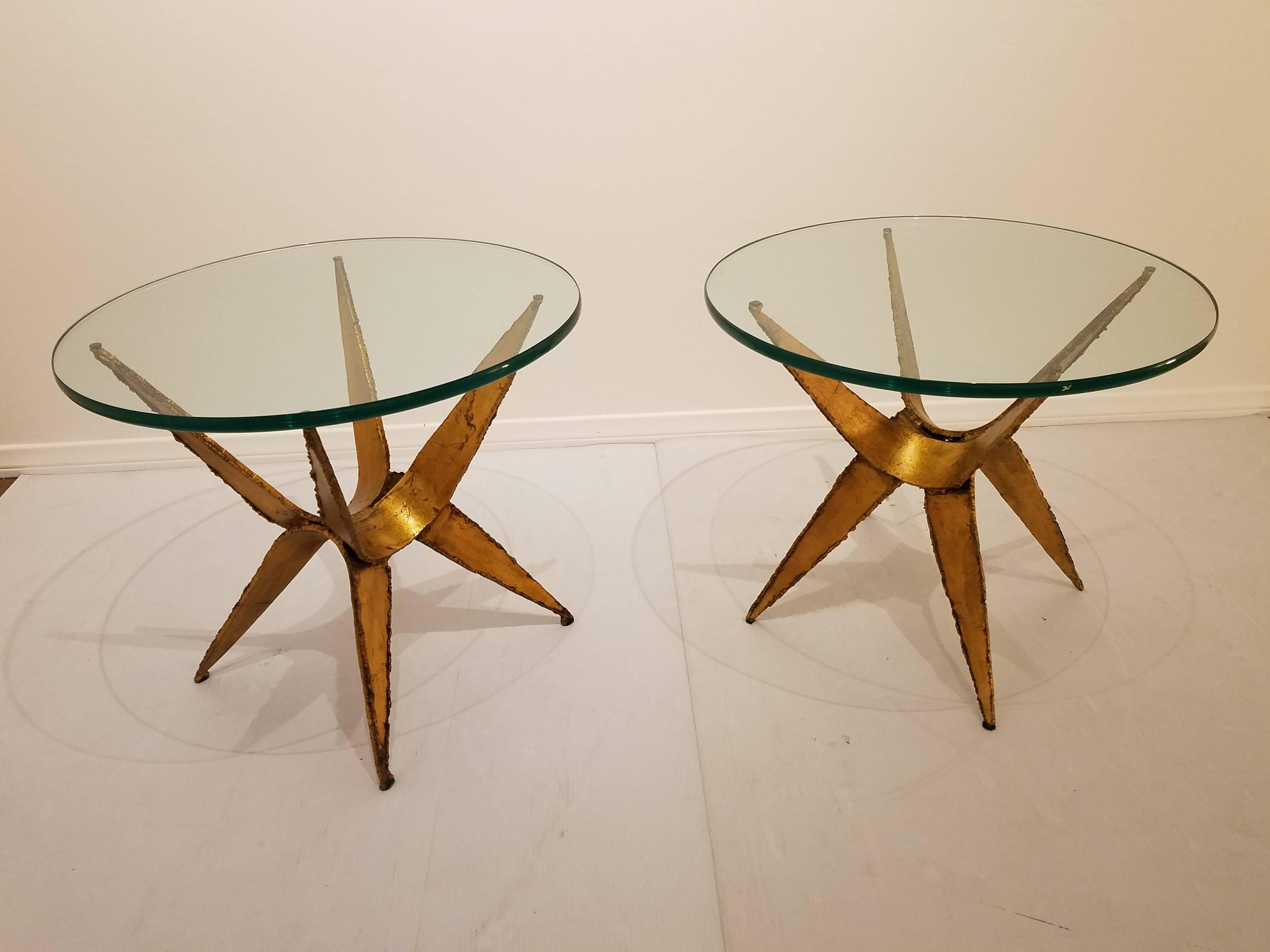Pair of Brutal Cocktail Tables Torch Cut Steel in Gold Leaf Finish 1