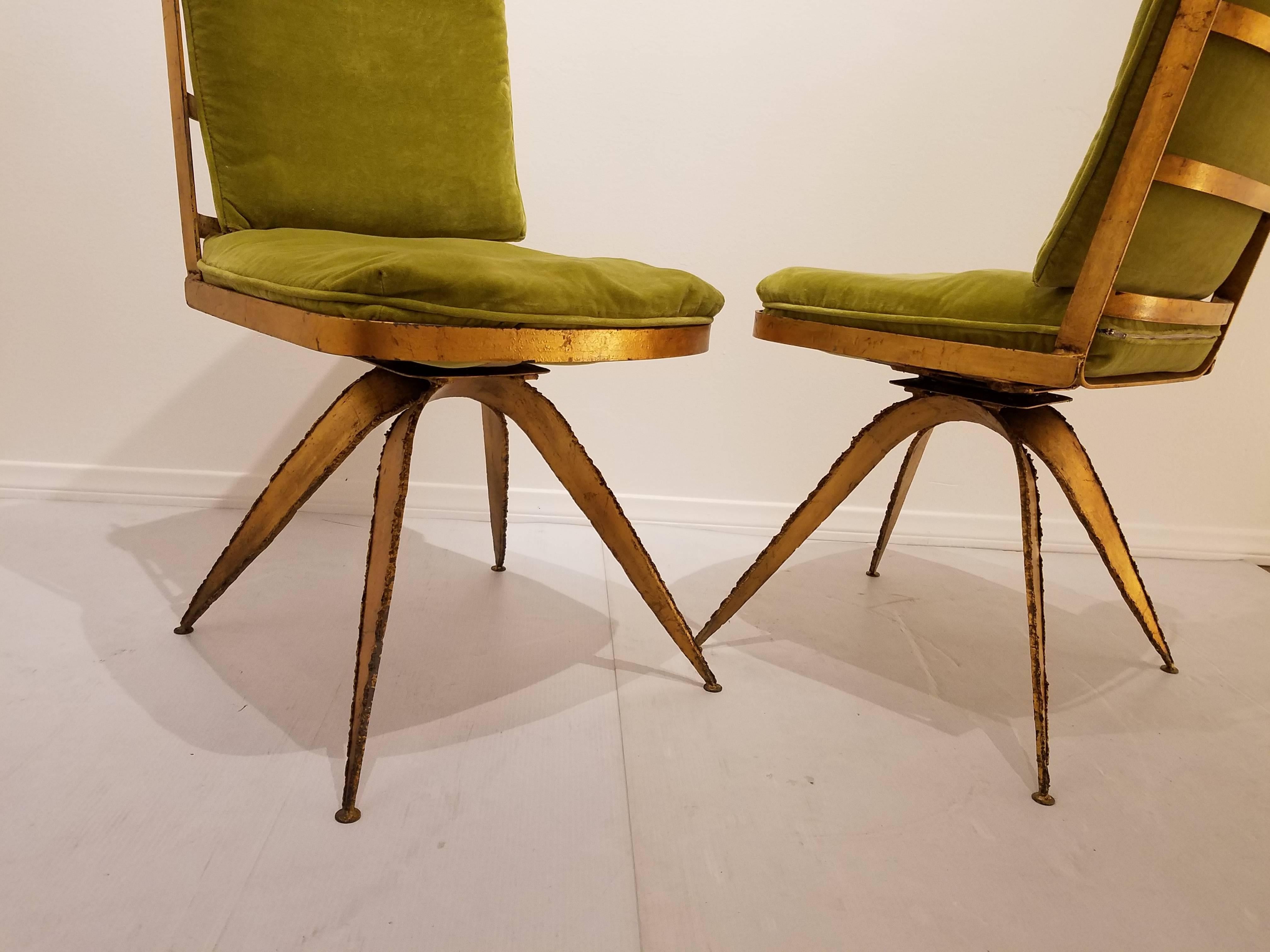 Rare dining chairs set of six in the style of Daniel Gluck, nice condition a great set of six original cushion in green velvet easy to replace, each chair swivel all the way solid and sturdy, a very unique great set.