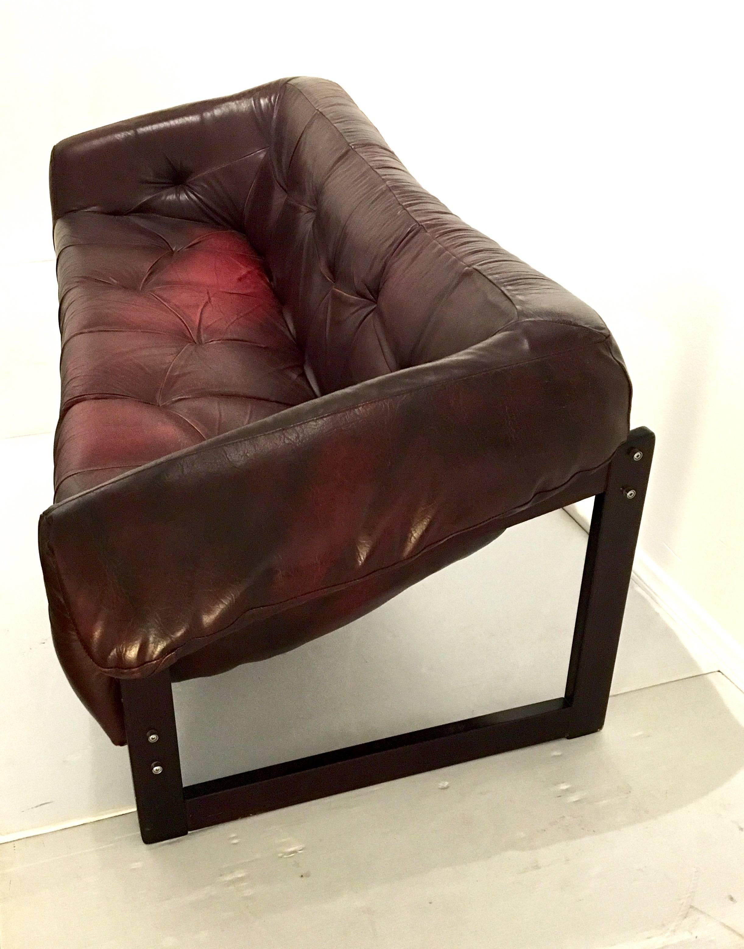 Brazilian Nice Burgundy Leather and Rosewood Sofa by Percival Lafer