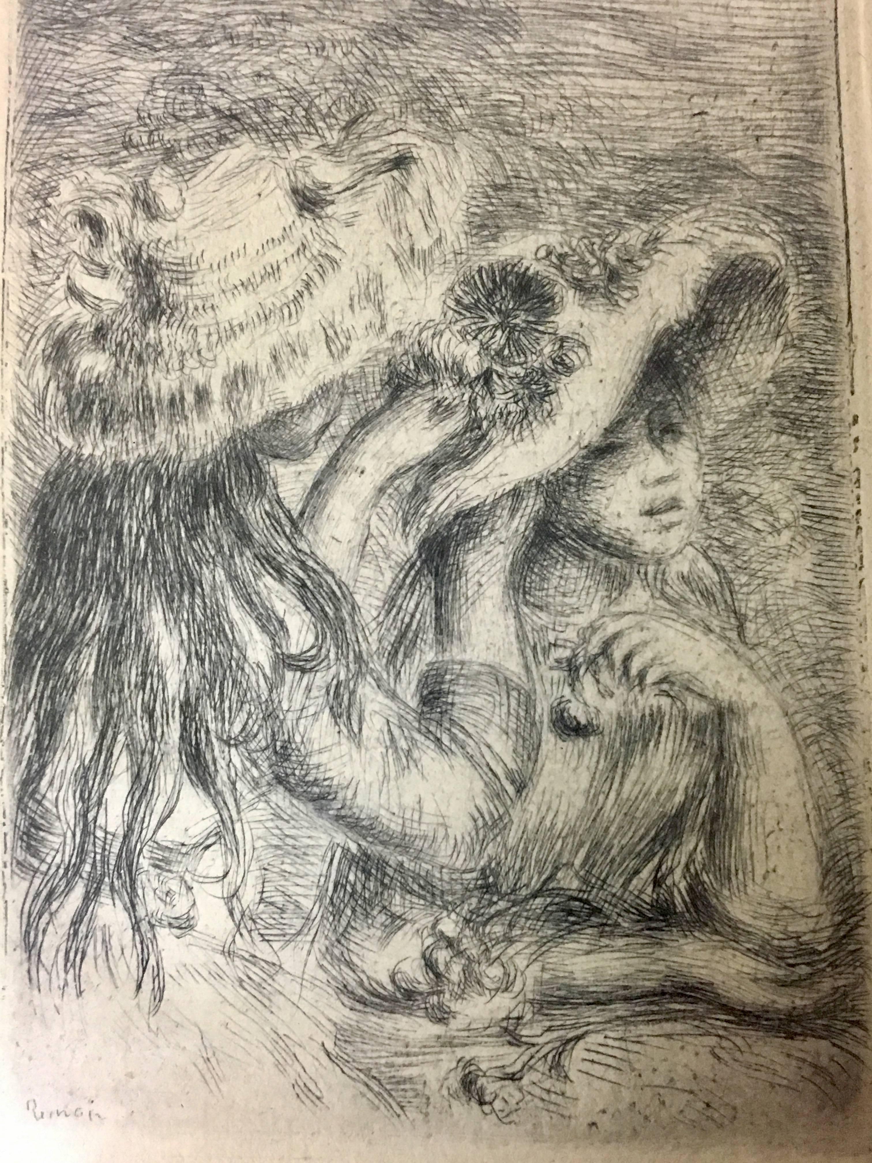 Original dry point etching printed in black ink on laid paper by Pierre-Auguste Renoir entitled "Le Chapeau Epingle", circa 1894. The piece is signed in plate. Measurements are as follows:

Framed: 11.75" x 10.38"

Sheet