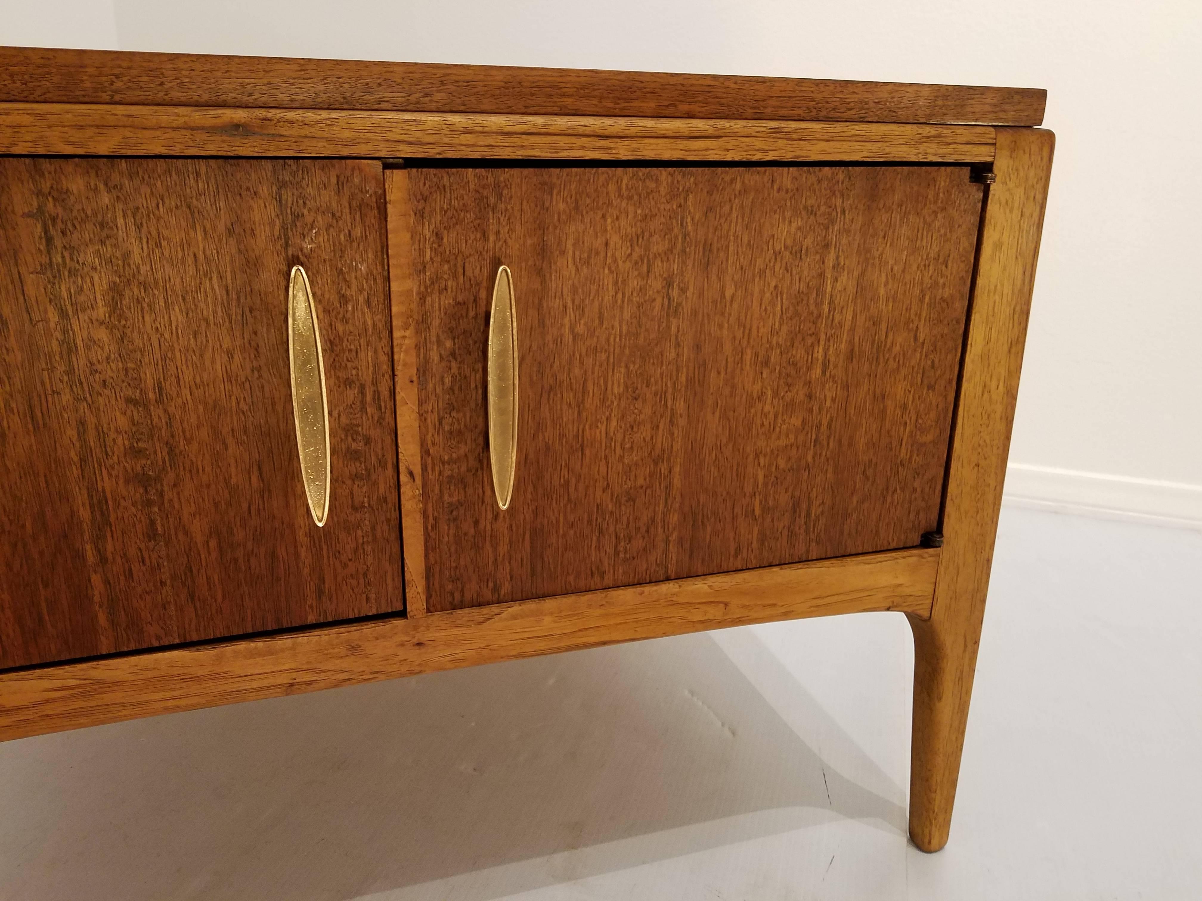 American Mid-Century Modern square Lane end table or cabinet with two doors and brass handles. Freshly refinished looks great!