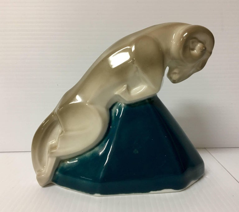 Unique Porcelain Ram Sculpture by Camille Tharaud for Limoges In Excellent Condition For Sale In San Diego, CA