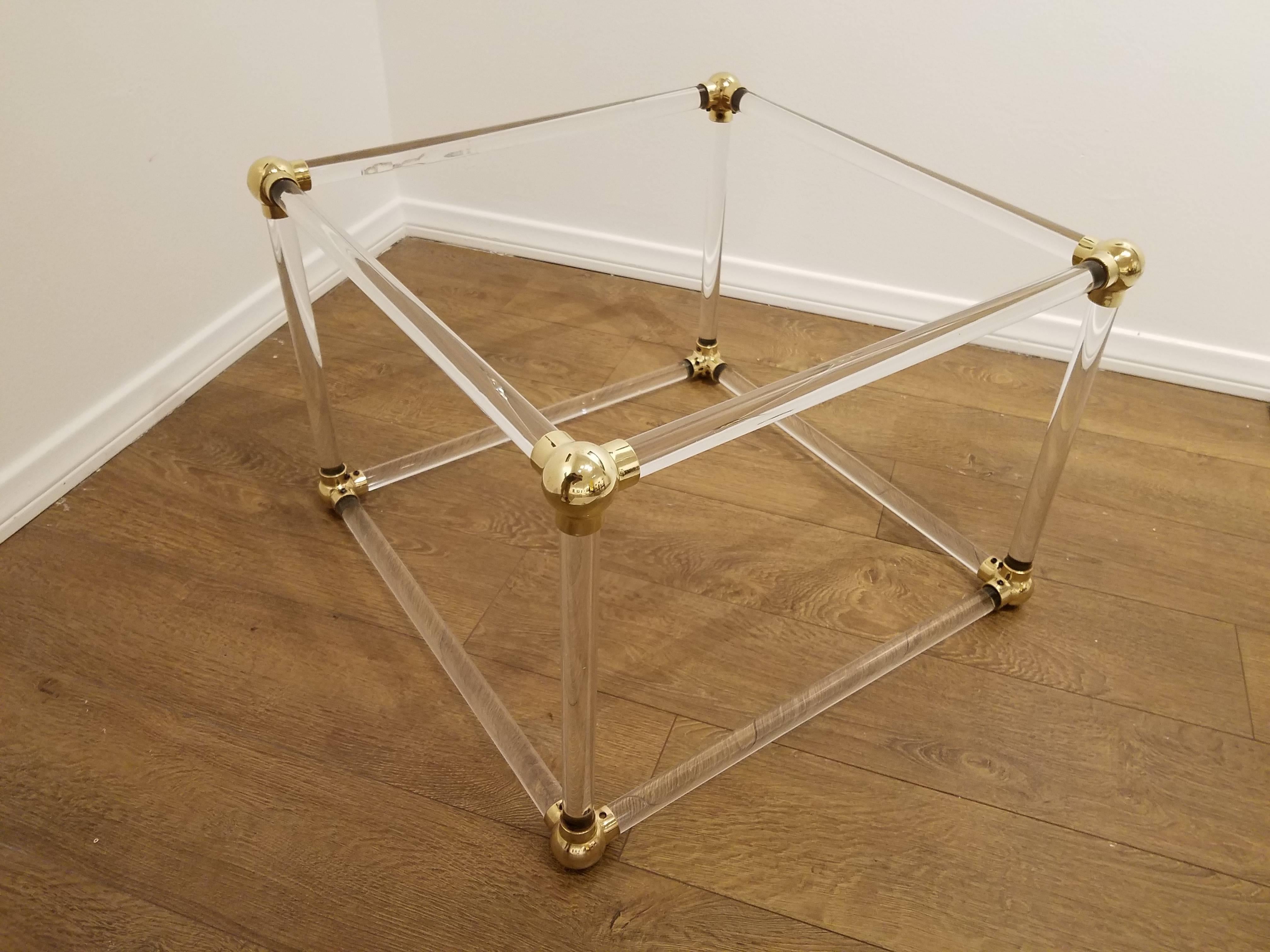 20th Century Mid-Century Solid Lucite Cube with Brass Connectors Coffee Table Base