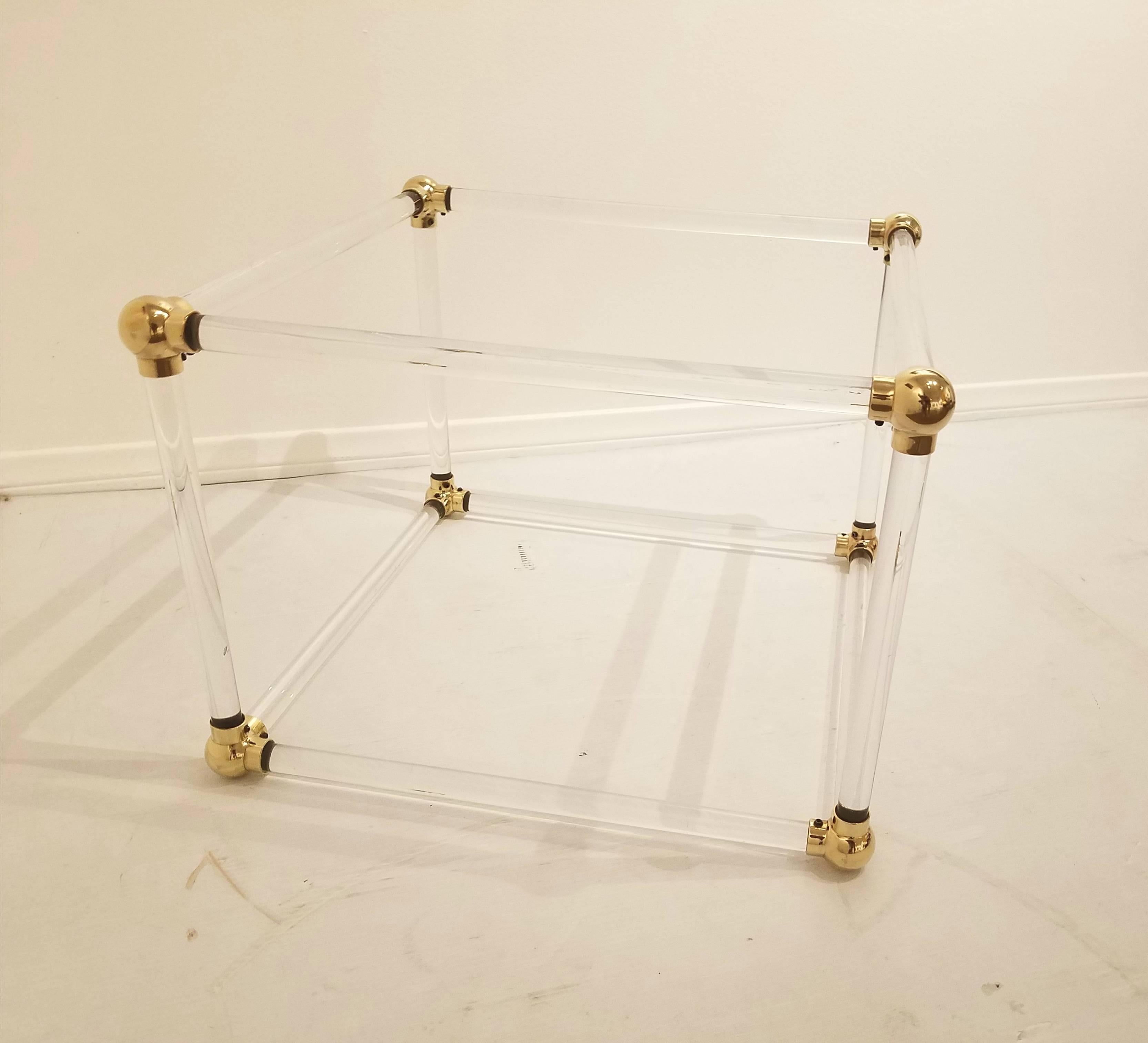 Mid-Century Modern Mid-Century Solid Lucite Cube with Brass Connectors Coffee Table Base