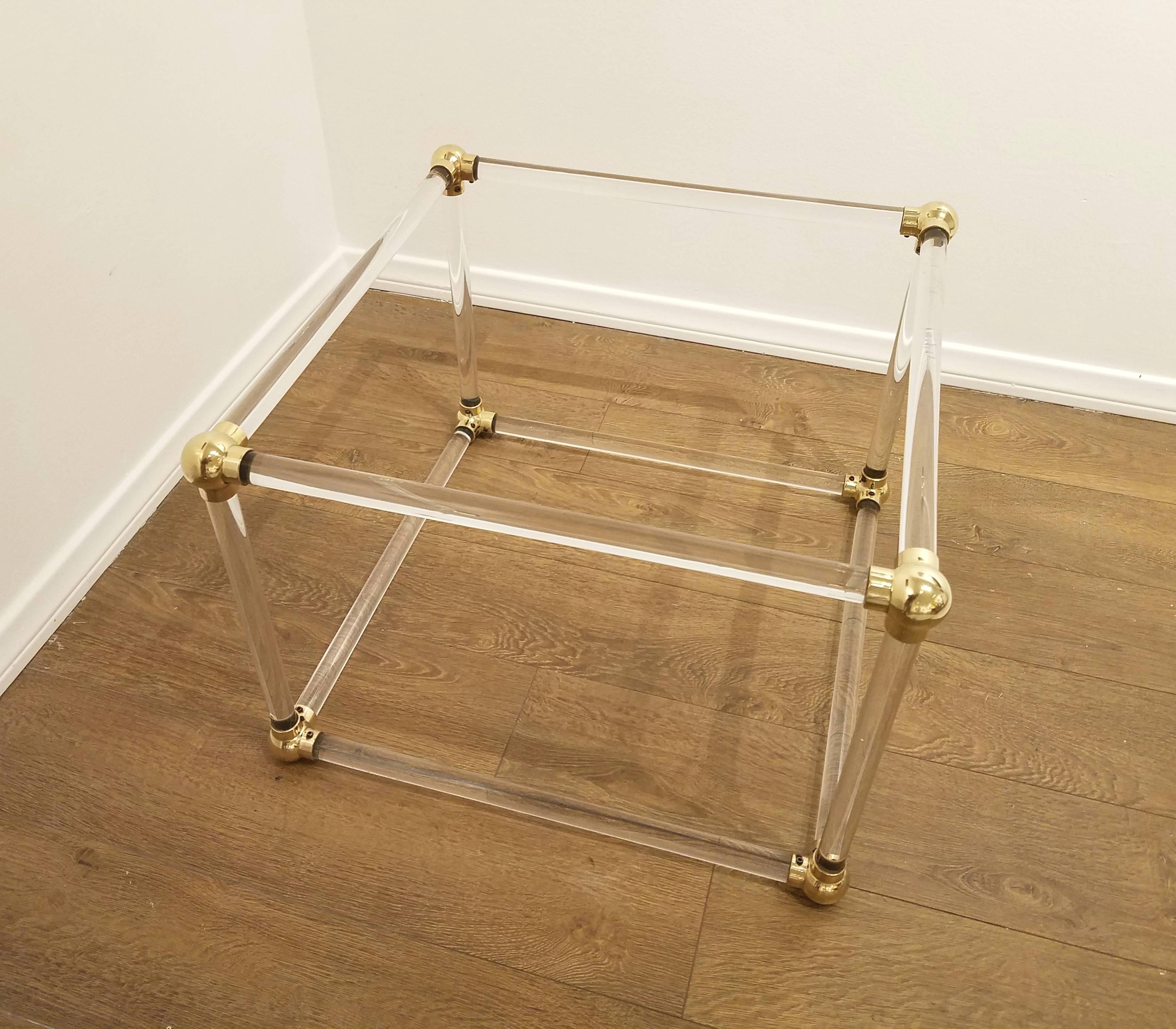 American Mid-Century Solid Lucite Cube with Brass Connectors Coffee Table Base