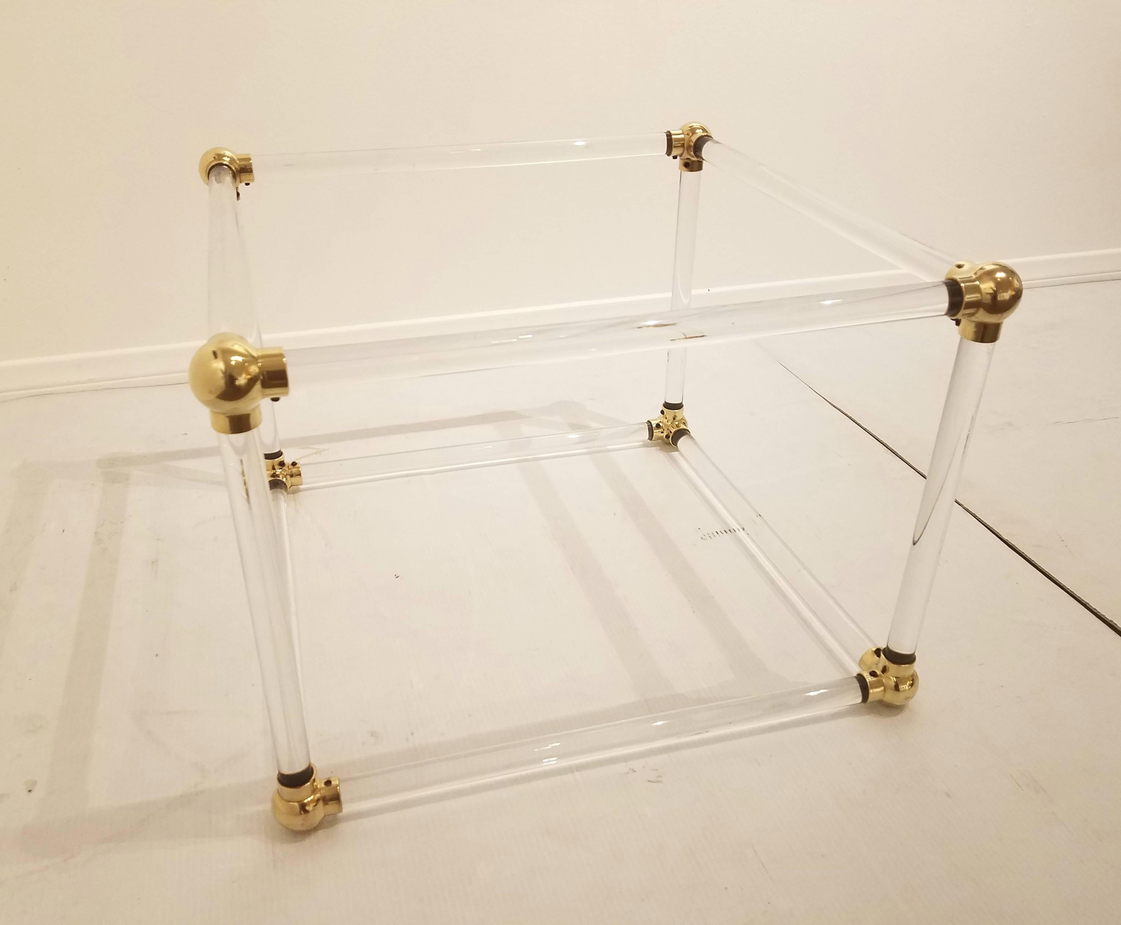 Mid-Century Solid Lucite Cube with Brass Connectors Coffee Table Base 1