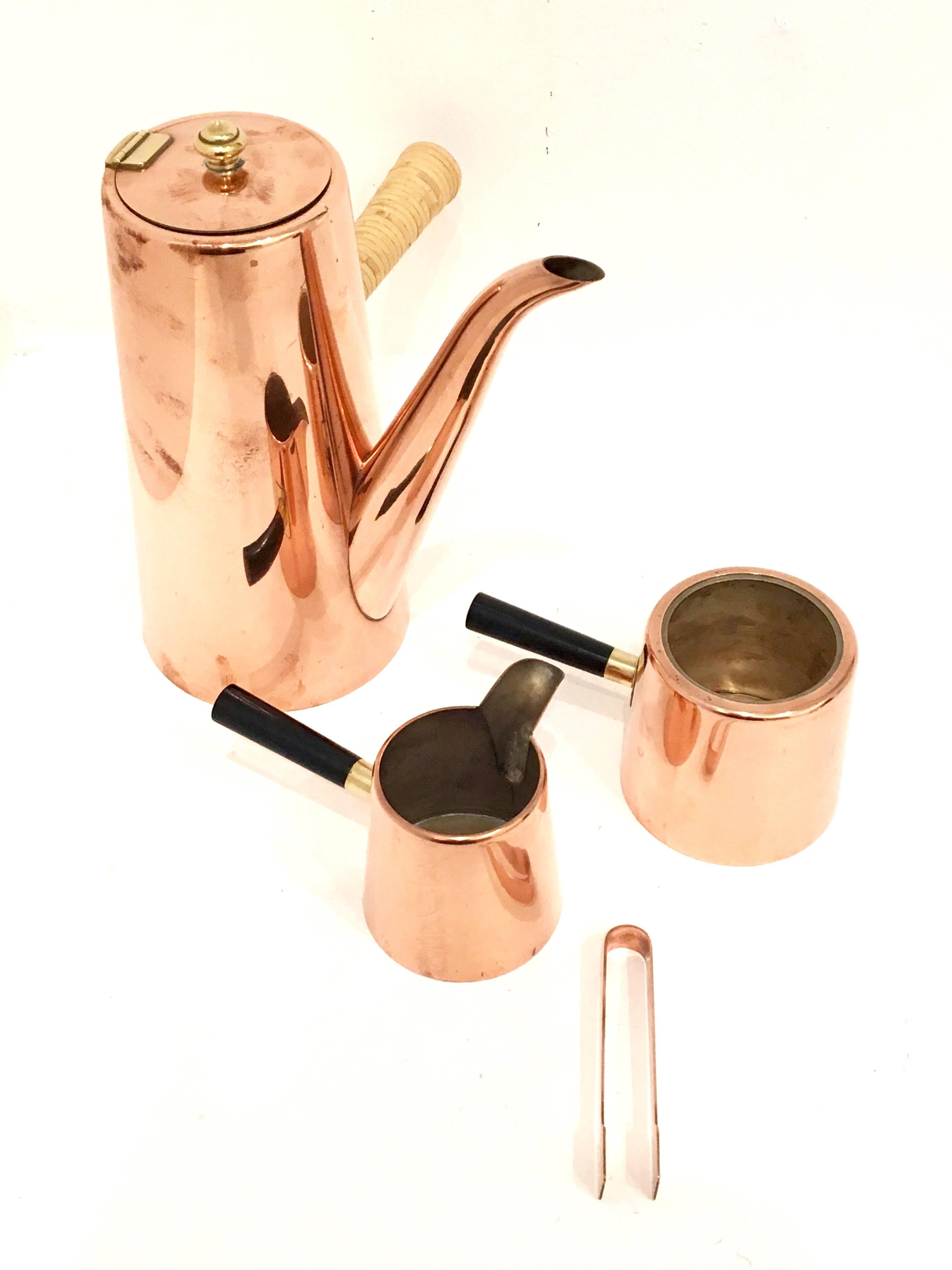 Italian Copper Coffee Set with Tray and Teak Handles Mid-Century Modernist